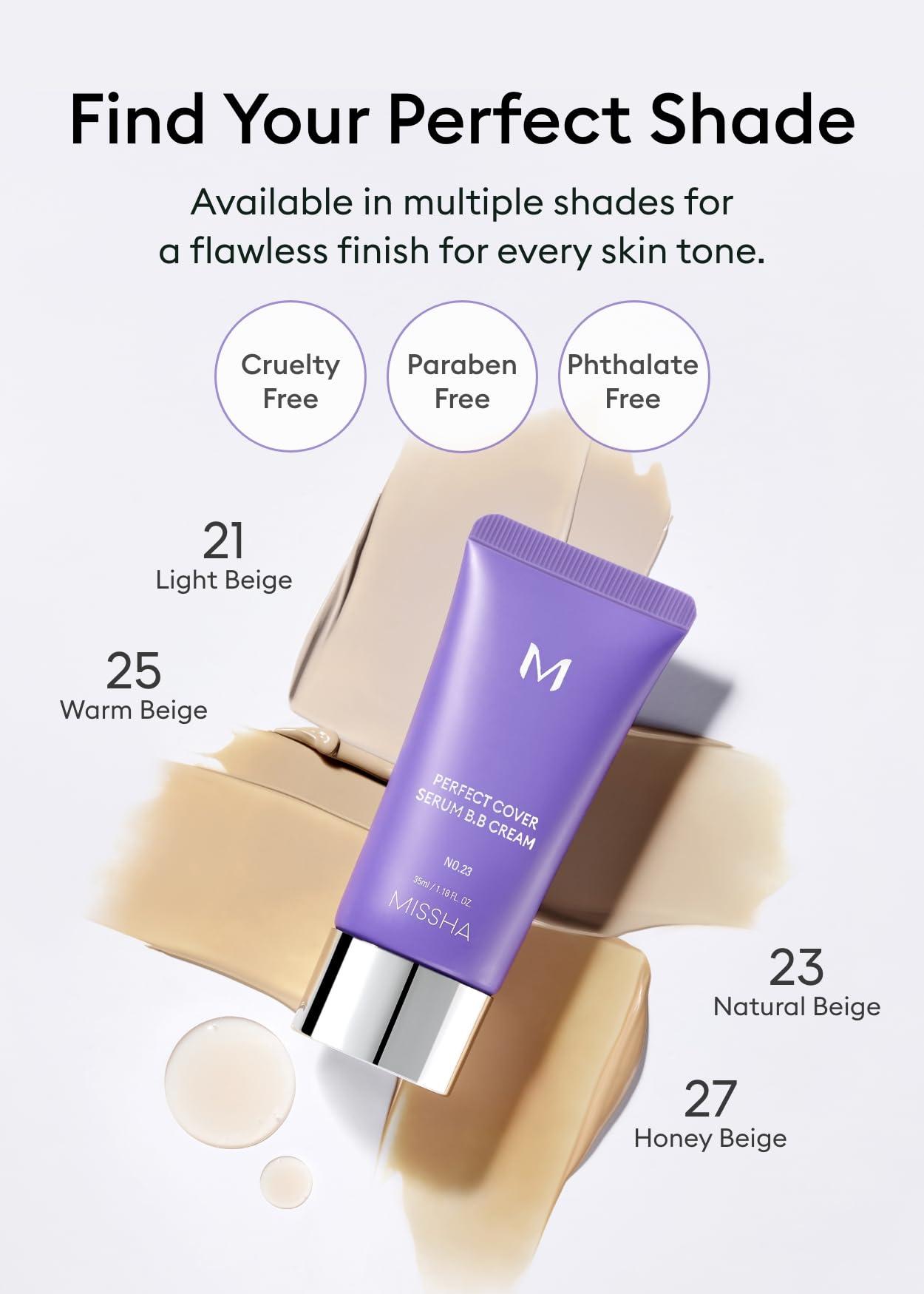 MISSHA MISSHA M PERFECT COVER SERUM BB CREAM No.23 Natural Beige, Skin Care Foundation Makeup, Tinted Moisturizer, Superfood Complex, Buildable Coverage, Glass Skin, Paraben Free, 1.18 Fl oz