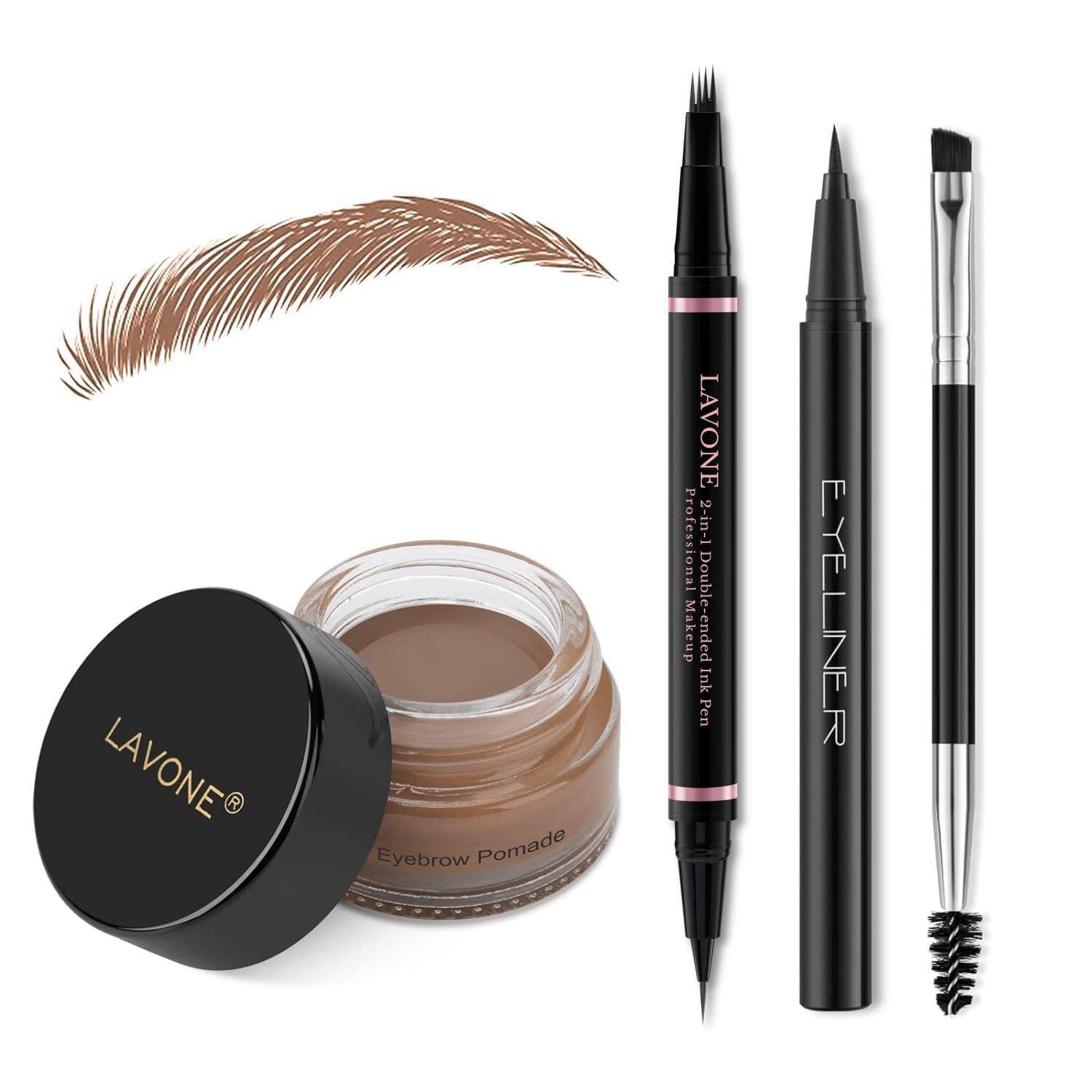 LAVONE Eyebrow Pencil Makeup Kit, with Waterproof 2-IN-1 Microblading Eyebrow Pen, Eyebrow Pomade, Eyeliner and Dual-ended Eyebrow Brush, Brow Pencil Kit for Natural Eyebrows - Auburn