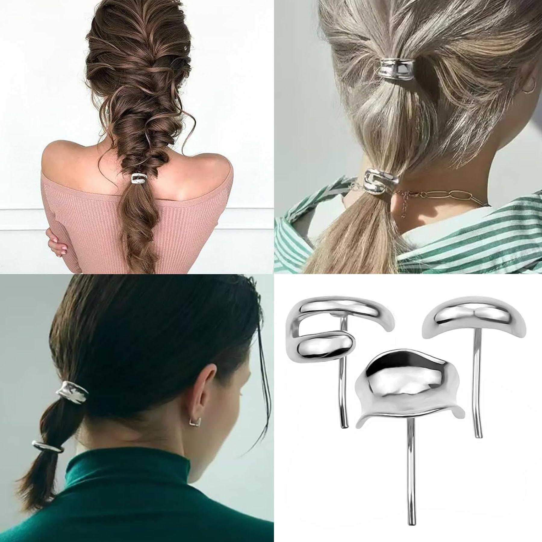 ASSORAIN 3 pcs Silver Hair Cuffs,Silver Ponytail Cuff,Metal High Ponytail Buckle Hair Cuff,Ponytail Holder Hair Clips Silver Hair Accessories for Women (Silver)