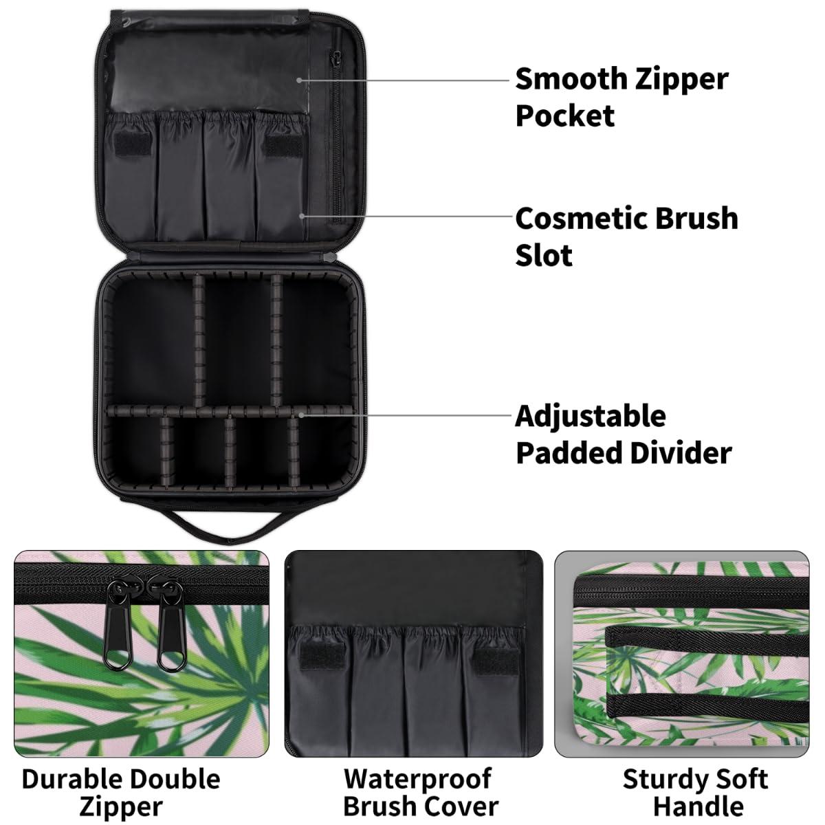 QsirBC QsirBC Makeup Train Case with Adjustable Dividers, Portable Make Up Bag for Women, Toiletry Bag for Men with Waterproof Brush Cover, Palm Tree Leaves Travel Makeup Organizer Makeup Box