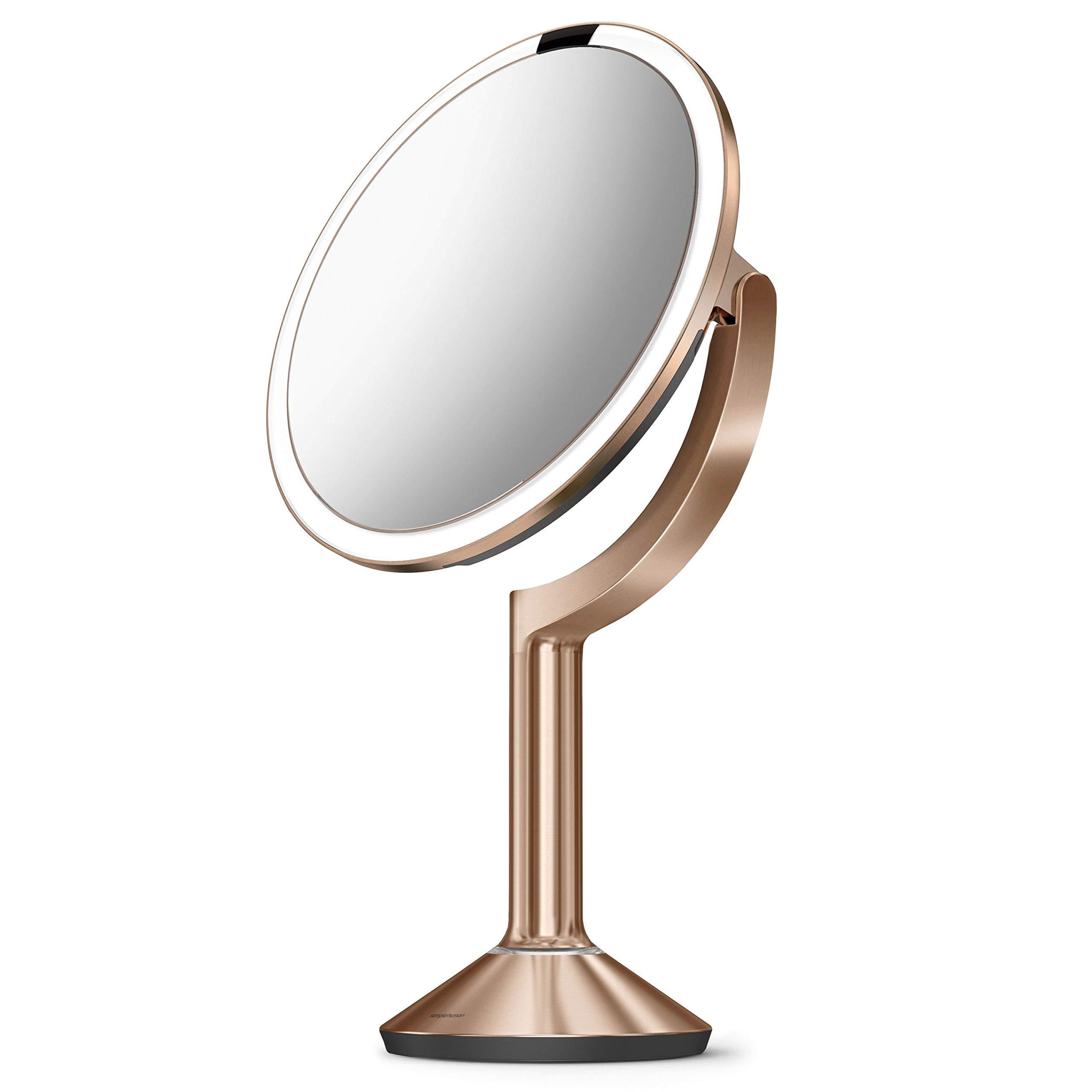 simplehuman simplehuman ST3034 20cm Sensor Mirror Trio with Touch-Control Brightness, Light Up Makeup Magnifying Mirror, 10x, 5x, 1x Magnification, LED, Dual Light Setting, Rechargeable, Rose Gold Stainless Steel