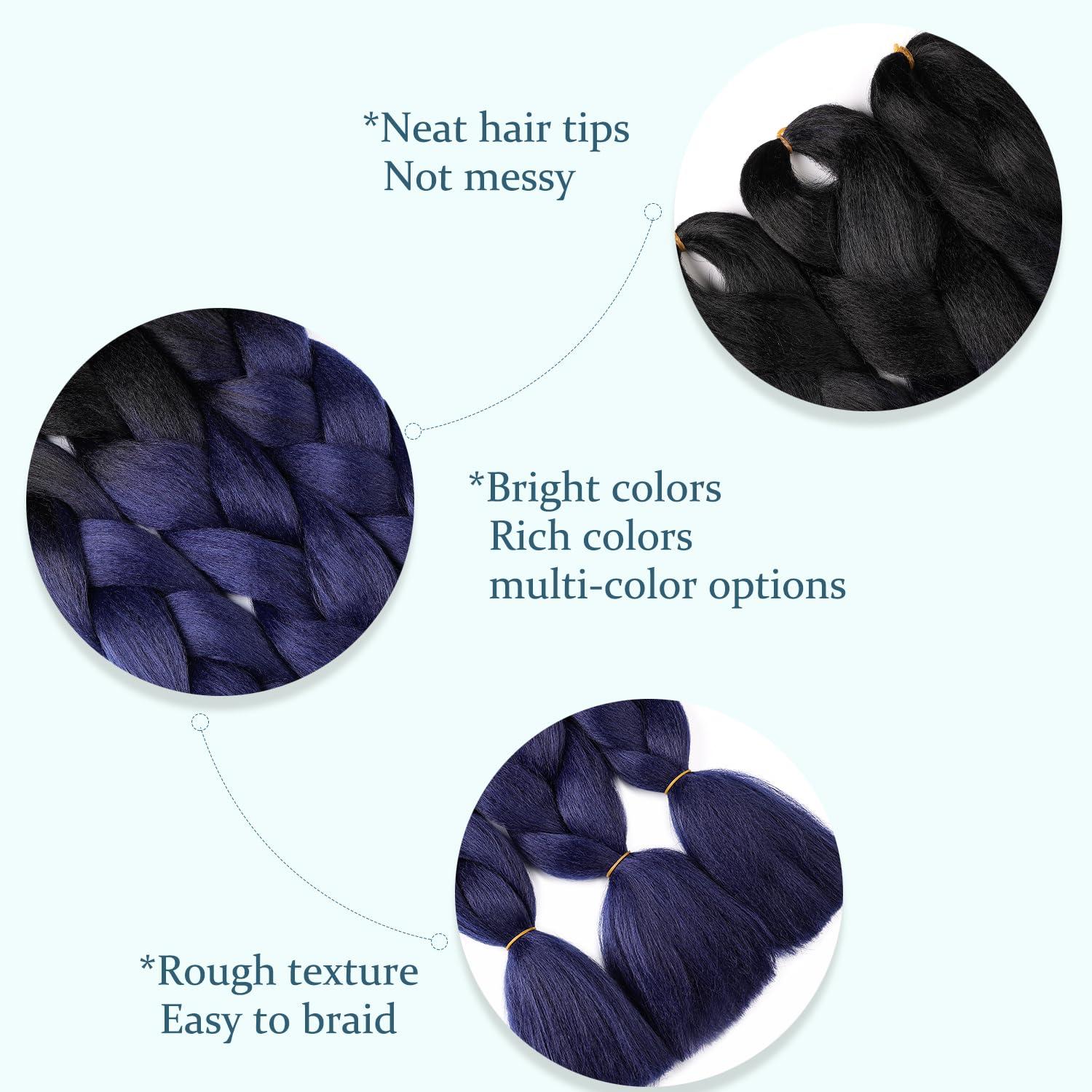 MAYSA Black Blue Braiding Hair Extensions Pre stretched braiding hair 3 Packs 24inch Soft Synthetic Jumbo Braiding Crochet Hair for Girls #Black-Blue