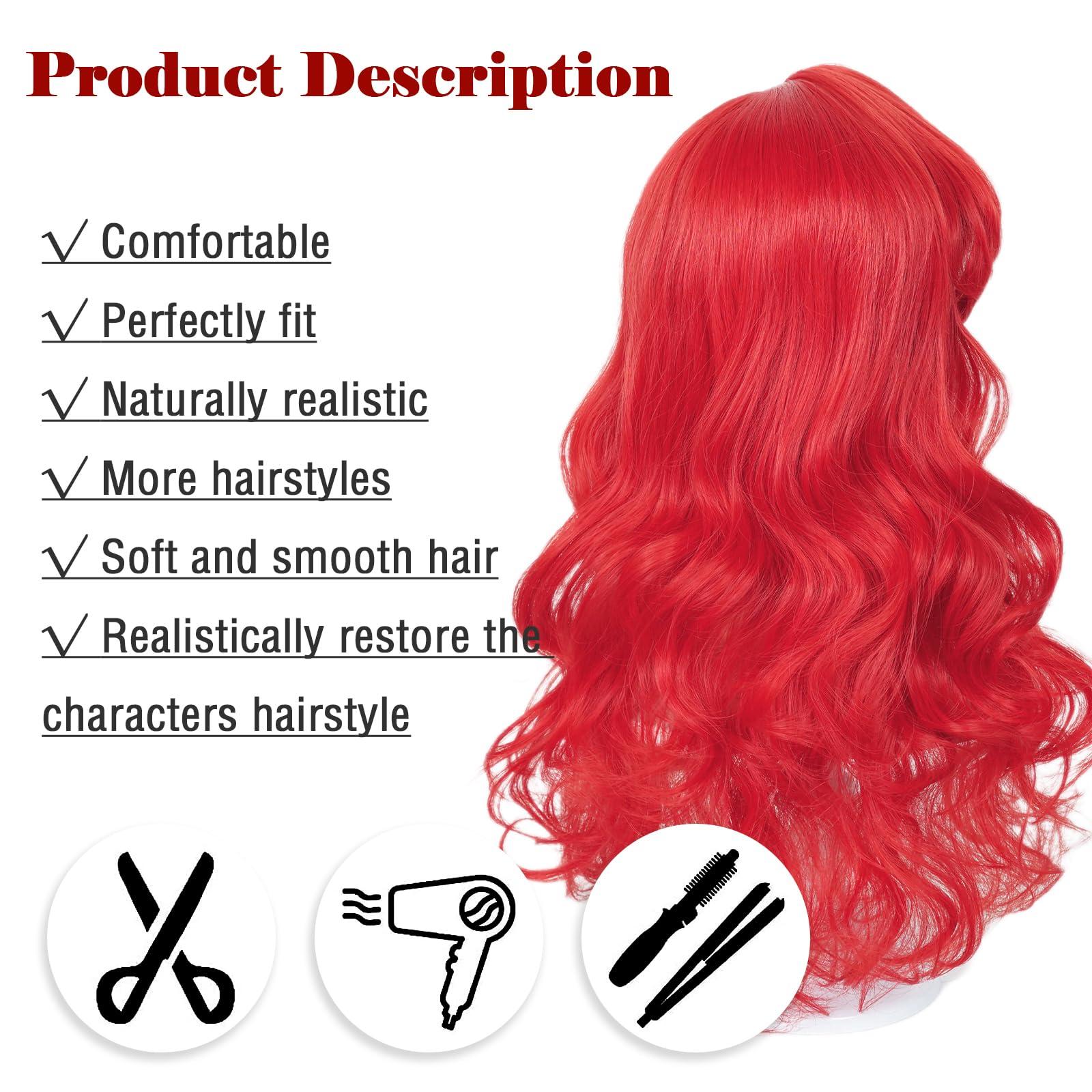 LABEAUT LABEAUT Max Beauty Red Mermaid Wigs Long Curly Daily Wig Hair Heat Resistant Synthetic Fiber for Halloween for Cosplay for Christmas (Red Kids + Hairpin)
