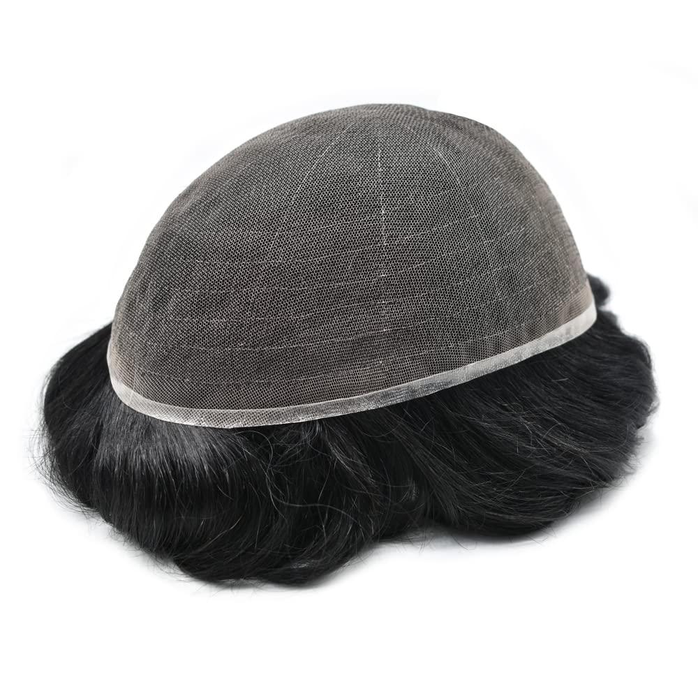 Hair Wonders Toupee For Men Real Human Hair Mens Toupee Hair Replacement System Swiss Lace Hair Piece For Men Hair System6x9\"-100% light to medium density1# JET BLACK