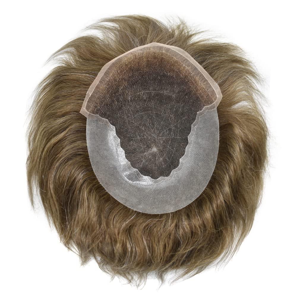 Generic Lace Front Toupee For Men Swiss Lace Front With Poly Skin Hair Pieces For Men Human Hair Wigs All Hand Tied Bleached Knots Natural Looking Lace Front Mens Toupee Mixed Gray Hair Units For Men US Stock. (7X9\"-100% Light to medium Density, 510# Medium