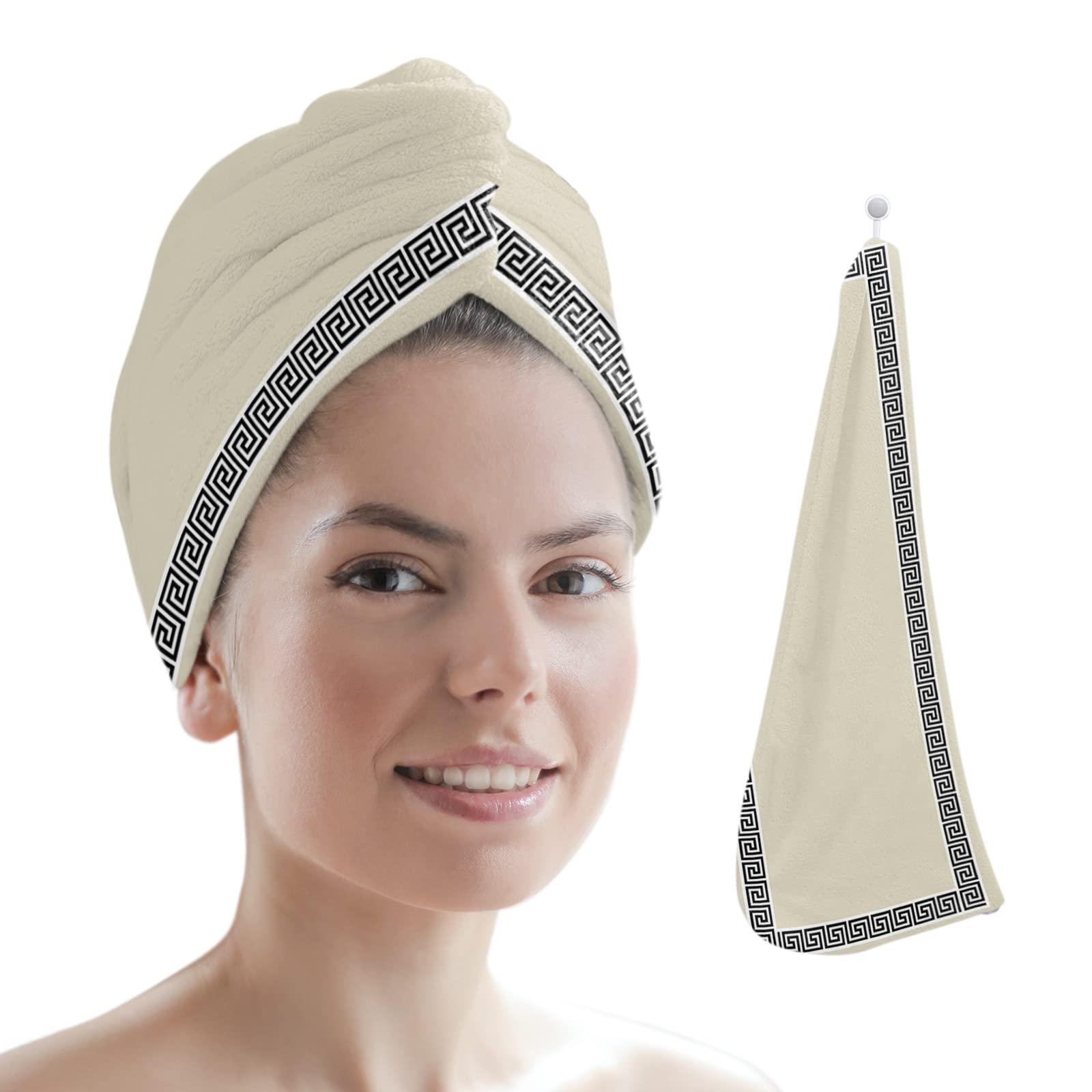 LEOSUCRE LEOSUCRE Microfiber Hair Towel Wrap Ultra Absorbent Hair Cap, Beige Chinese Floral Style Hair Towel with Buttons Hair Drying Towel Turban Bath Hair Wrap for Woman 26x10in Simple Painting