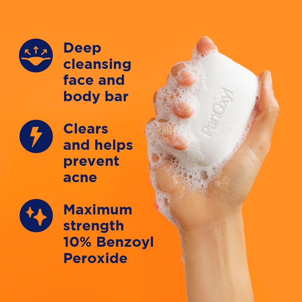 PanOxyl PanOxyl Acne Treatment Bar with 10% Benzoyl Peroxide, Maximum Strength Bar Soap for Face, Chest and Back, Benzoyl Peroxide Soap Body Wash, Vegan, For Acne Prone Skin, 4 oz