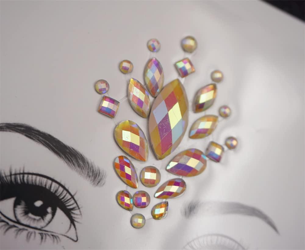 Topz glow in the dark face tattoos face jewels rave makeup face gems temporary tattoo fluorescence face crystals rhinestone sticker for new year pool dance party(tp343 flower)