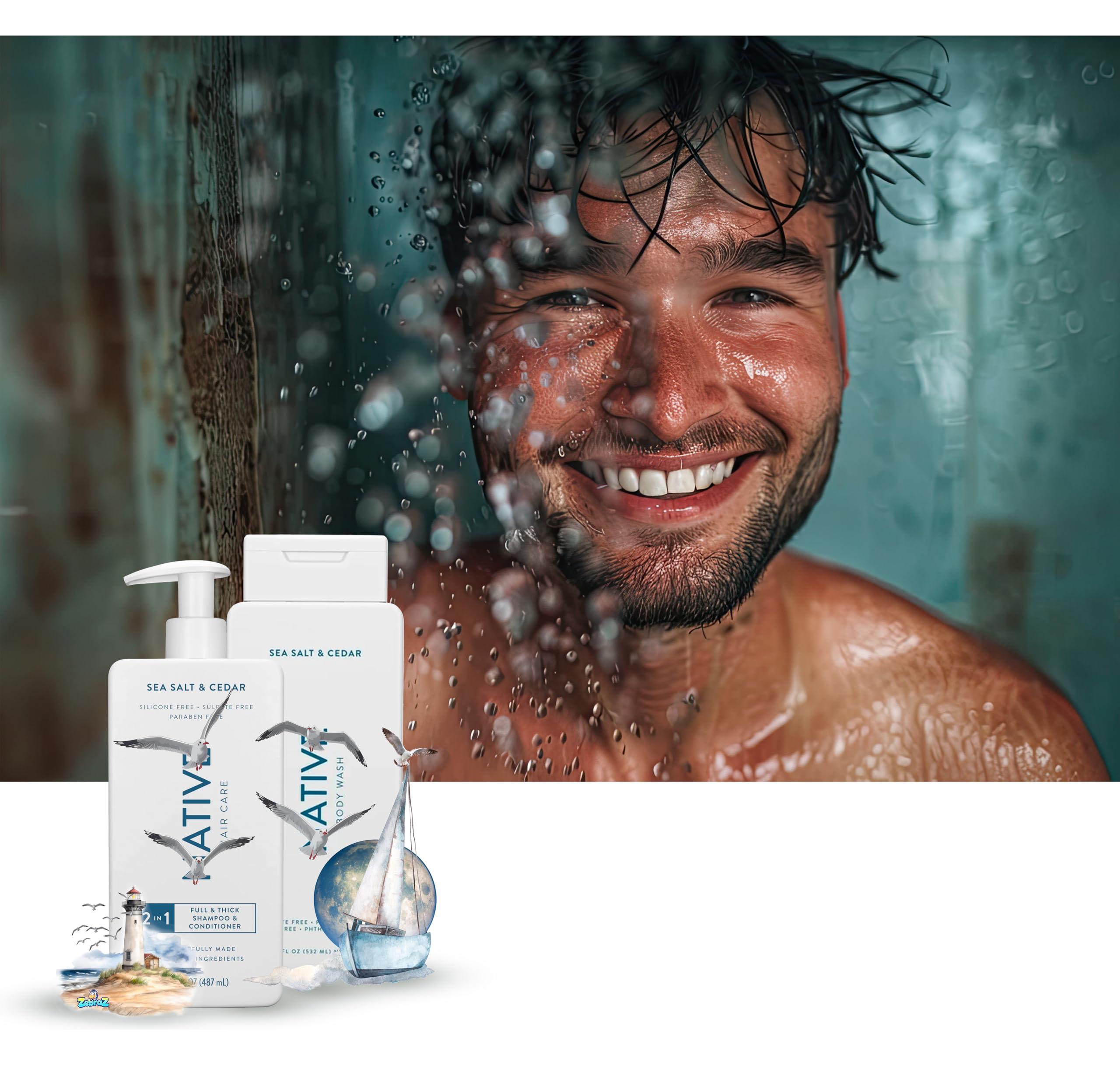Hair Care And Body Wash Native - Hair and Body Wash - 2 in 1 Shampoo and Conditioner And Body Wash - Sea Salt & Cedar - Contain Naturally Derived Ingredients | All Hair - 16.5 and 18 FLOz - Pack Of 02