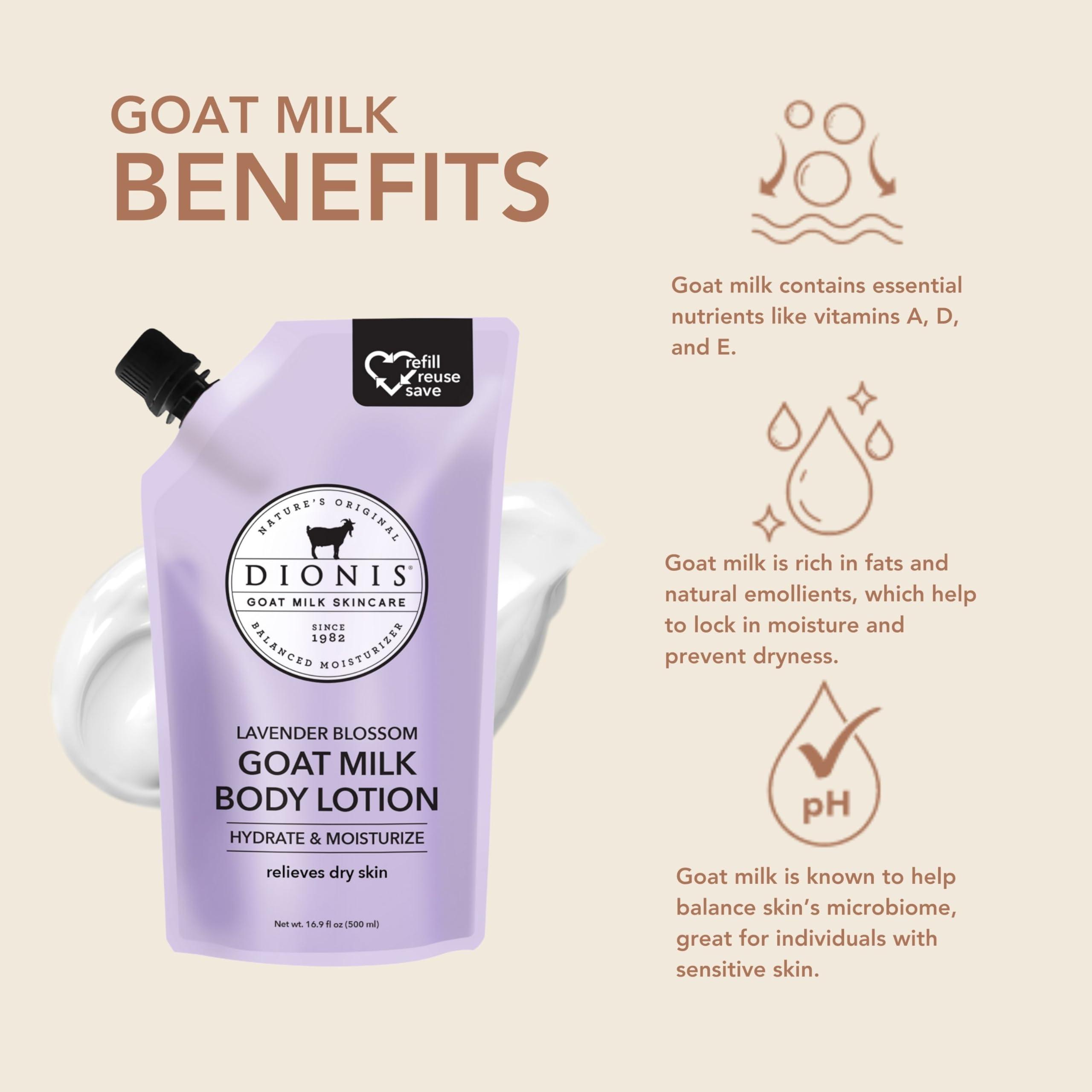 Dionis Dionis Goat Milk Skincare Body Lotion 16.9oz Refill Pouch, Cruelty Free Clean Ingredients & Dermatologist Tested Lotion for Dry Skin, Hydrating & Deeply Moisturizing Rich in Vitamins, Lavender Blossom