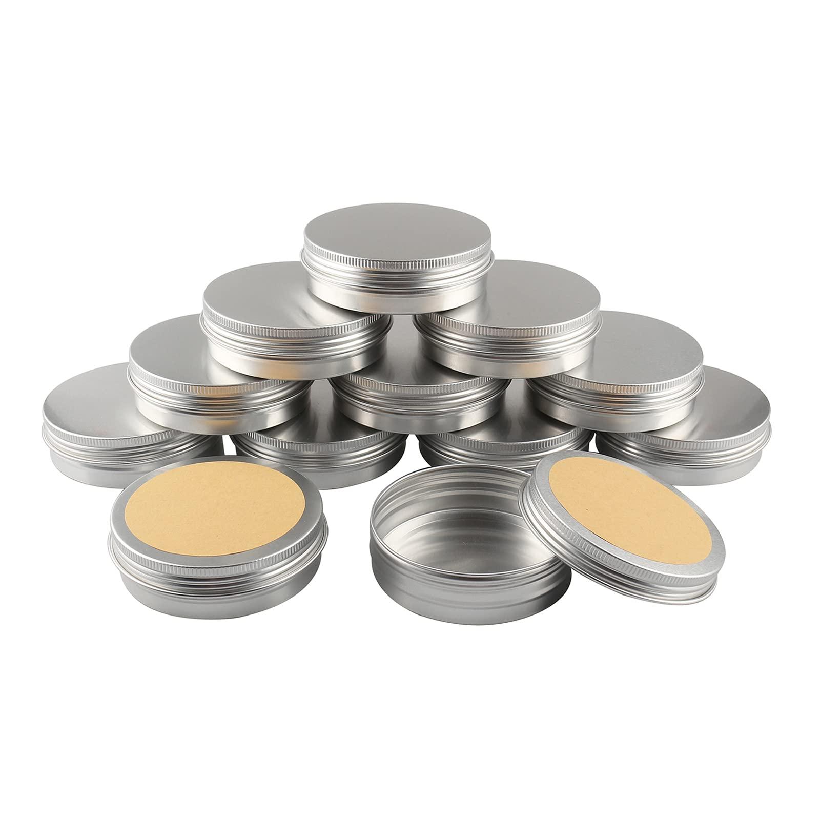 Dlibuy DLIBUY 50 Pcs 100ml 100g Empty Round Silver Aluminum Tin Jars with Screw Lids Cosmetics Lip Balm Containers Pots for DIY Candle, Salve Powder, Crafts, Storage Cans 3 Alu Spoon, 50 Labels