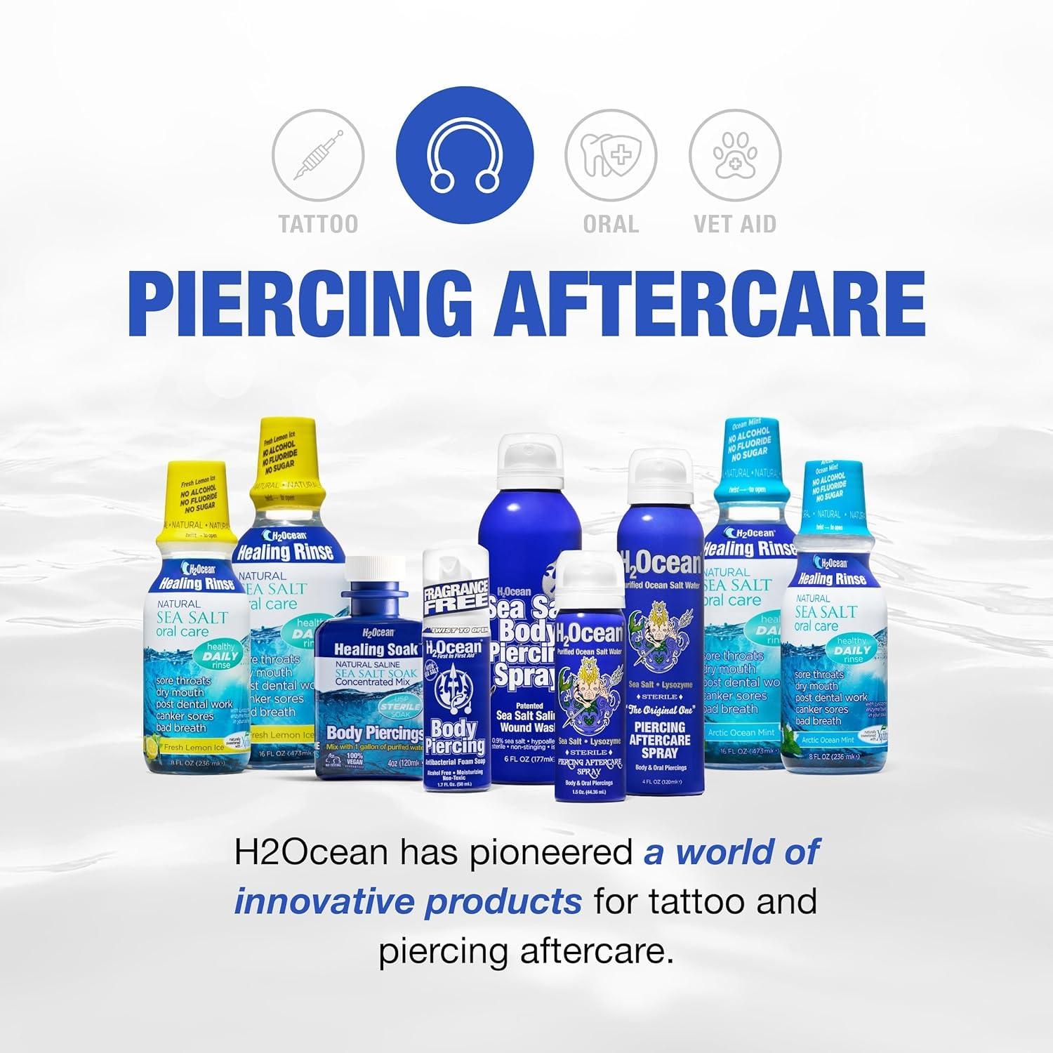 H2Ocean H2Ocean Piercing Aftercare Spray, Sea Salt Keloid & Bump Treatment, Wound Care Spray Organic Wound Wash For Ear, Nose, Naval, Oral Body Piercings - 1.5 oz (Pack of 2)