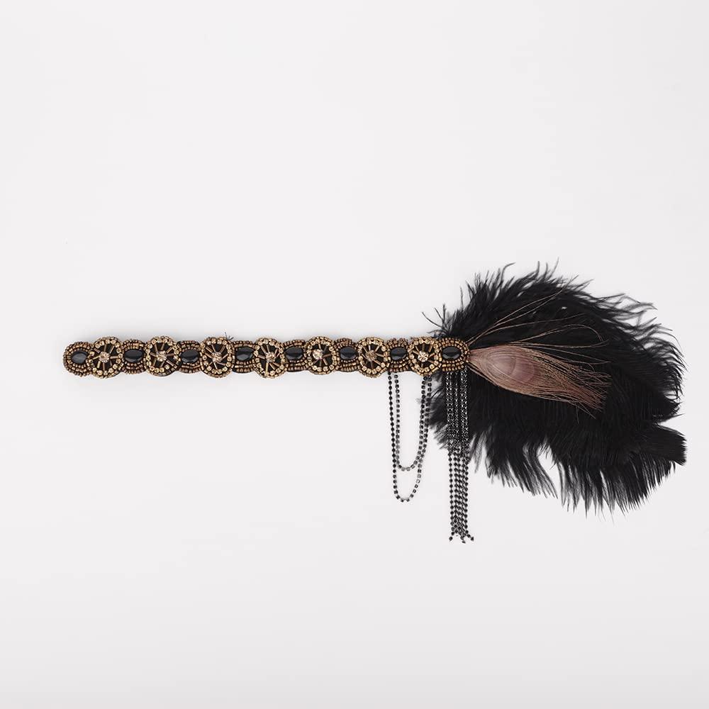 Aimimier Aimimier 1920s Flapper Feather Headband Crystal Tassel Black Headpiece with Beaded Elastic Head Chain Masquerade Hair Accessories for Women