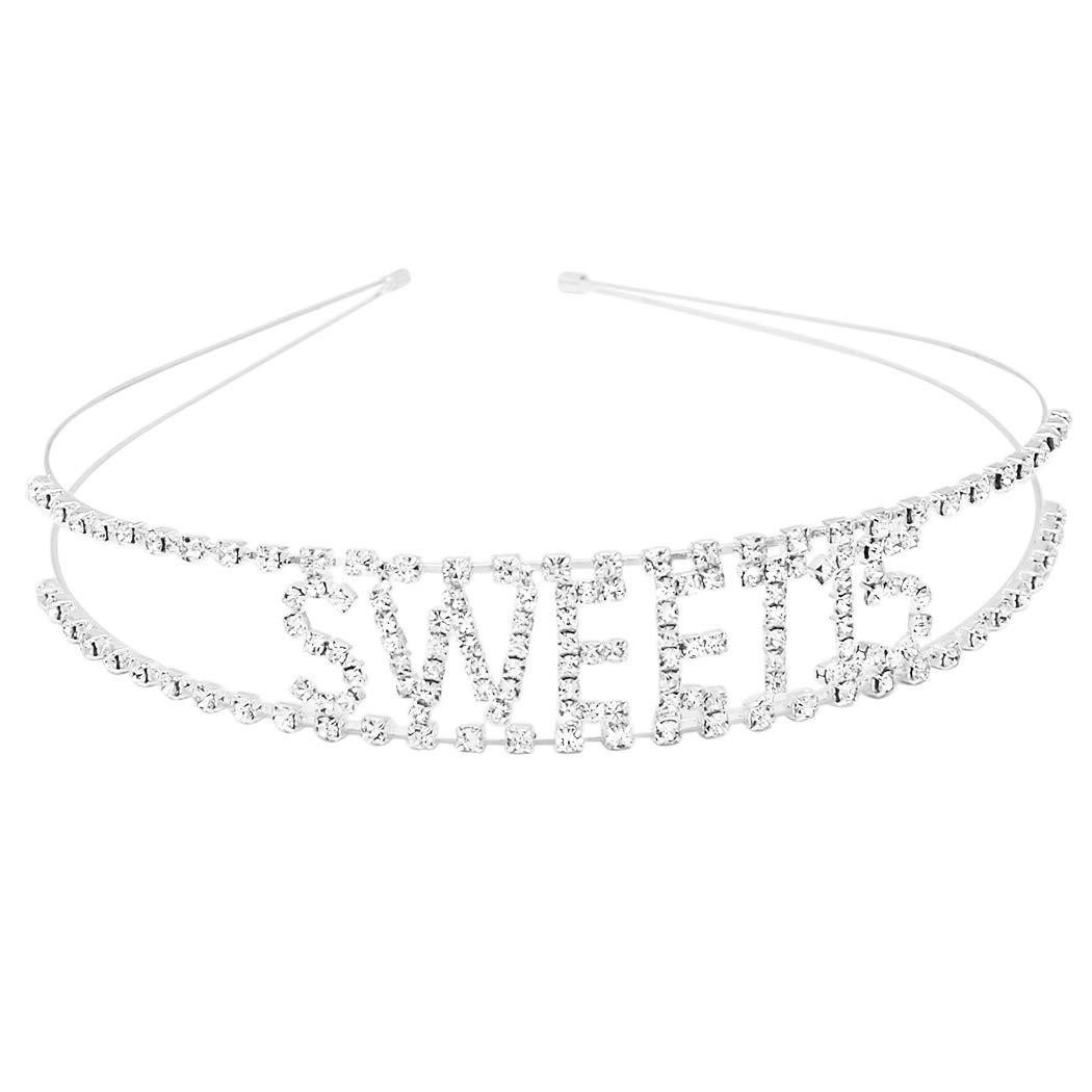 Rosemarie Collections Rosemarie & Jubalee Women's Detailed Split Double Row SWEET 15 Crystal Rhinestone Quinceanera Birthday Fashion Headband