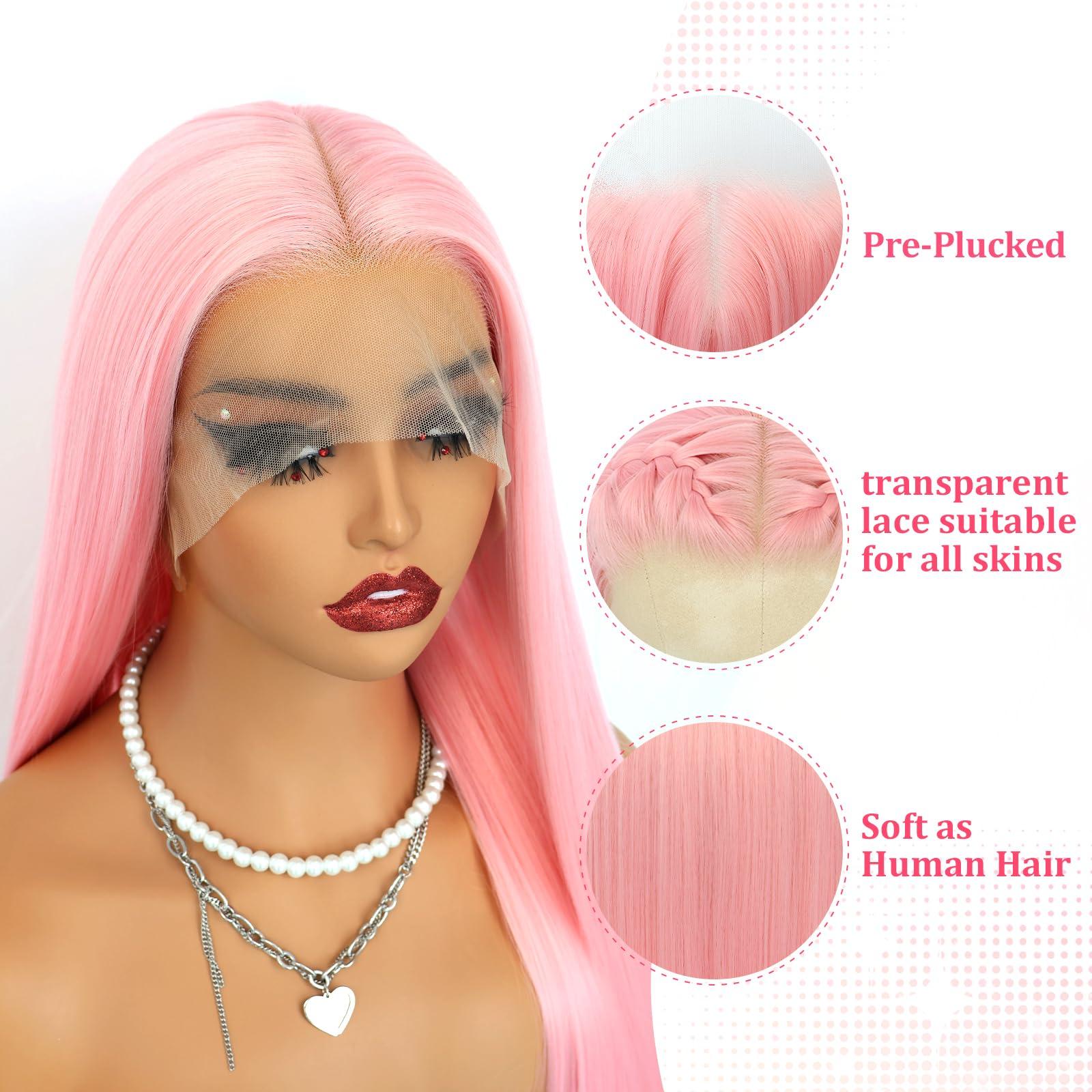 Oxeely Oxeely Light Pink Synthetic Lace Front Wigs Long Straight Hair Pink Lace Wigs Natural Hairline Pre Plucked Glueless Synthetic Lace Wigs Heat Resistant Fiber Hair Light Pink Wigs for Women Daily Wear
