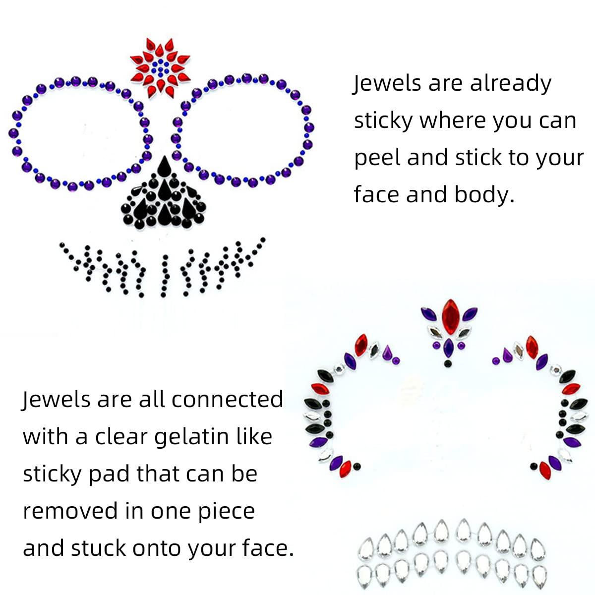Jacnkb Skull Face Gems Jewels Rhinestone, Halloween Temporary Face Tattoos, Day of the Dead Face Tattoo Stickers, Crystal Body Gems Stick on Face for Festival Rave Party Cosplay 2Pcs