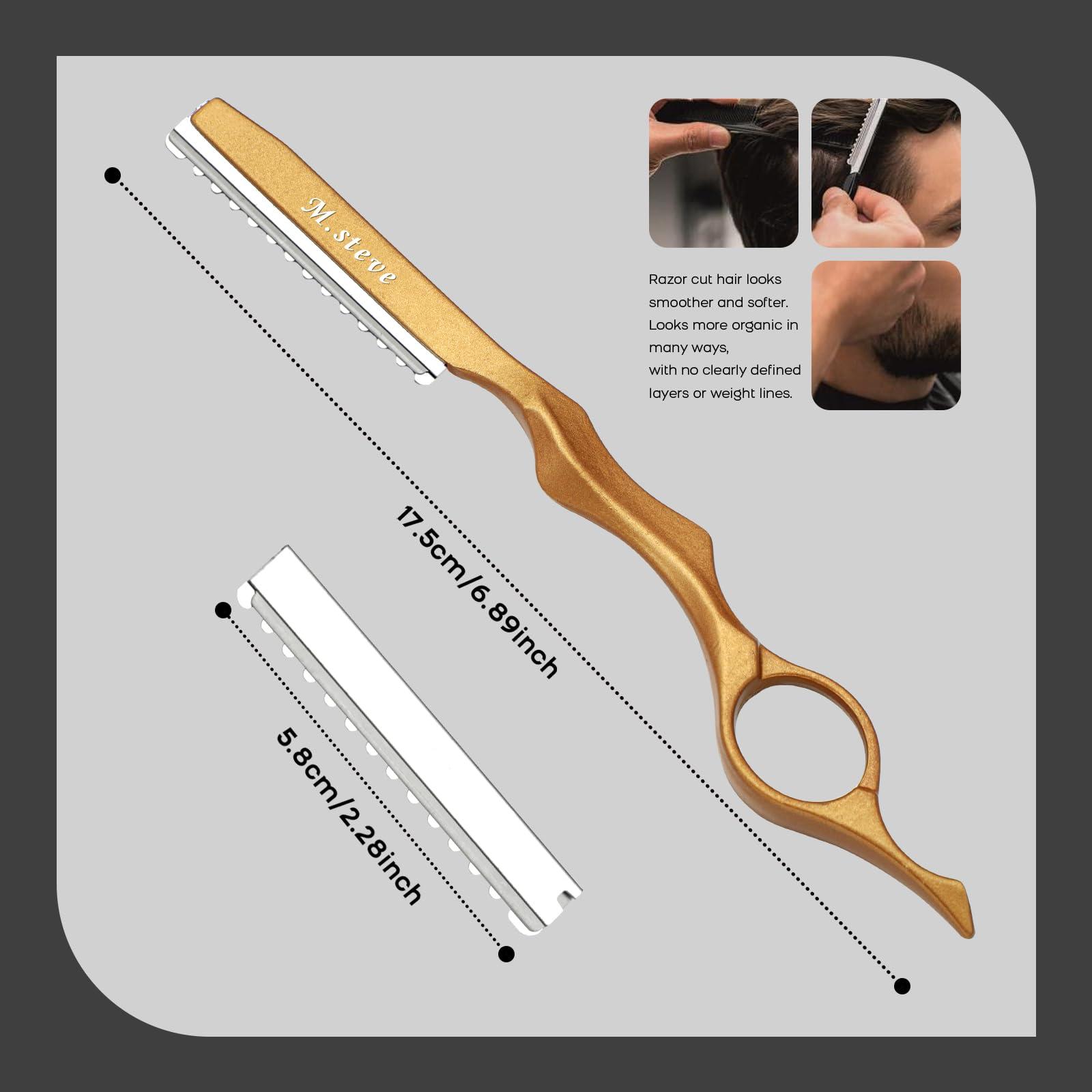M.steve Hair Razors For Cutting Hair 6.89", Professional Hair Styling Razor with Replacement Stainless Steel Blades for Salon/Home -11PCS Gold