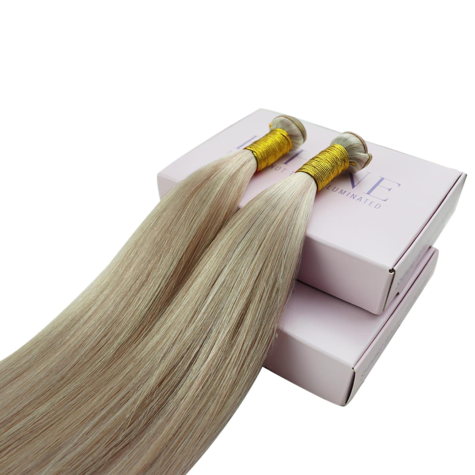 Fshine Fshine Hand Tied Genius Weft 14 Inch 50g Ash Blonde Highlighted Bleach Blonde Sew in Hair Extensions Remy Human Hair Weave Real Human Hair for Women Highlight Hair Genius Weft Natural Hair