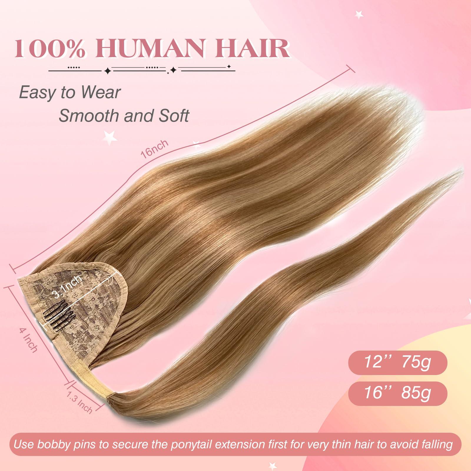 royaomis Royaomis Ponytail Extension Human Hair Extension - Velcro Wrap Around Long Straight Real Hair Pony Tail Extensions with Magic Paste