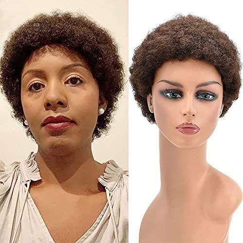 SINGA HAIR SINGA HAIR Human Hair Afro Wigs Short Brazilian Hair African American Curls Wig for Black Women Full Volume Cap Afro Wig (4# Medium Brown)