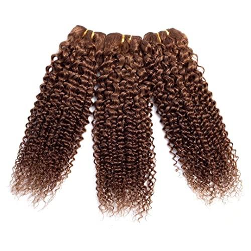 FEEL ME FEEL ME Light Brown Curly Human Hair Bundles Brazilain Deep Curly Hair Weave 3 Bundles Mixed Length (12 14 16) Unprocessed Virgin Human Hair Extension Kinky Curly Bundles Deals Total 300gram