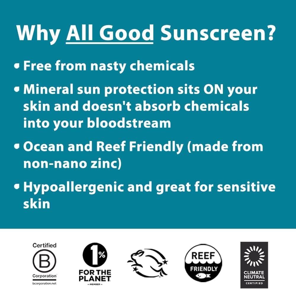 All Good Makes Everything Better All Good Sunscreen - Sport Mineral Sunscreen Lotion, Reef Friendly, SPF 30+ for Face & Body, Water & Sweat Resistant (3 oz)