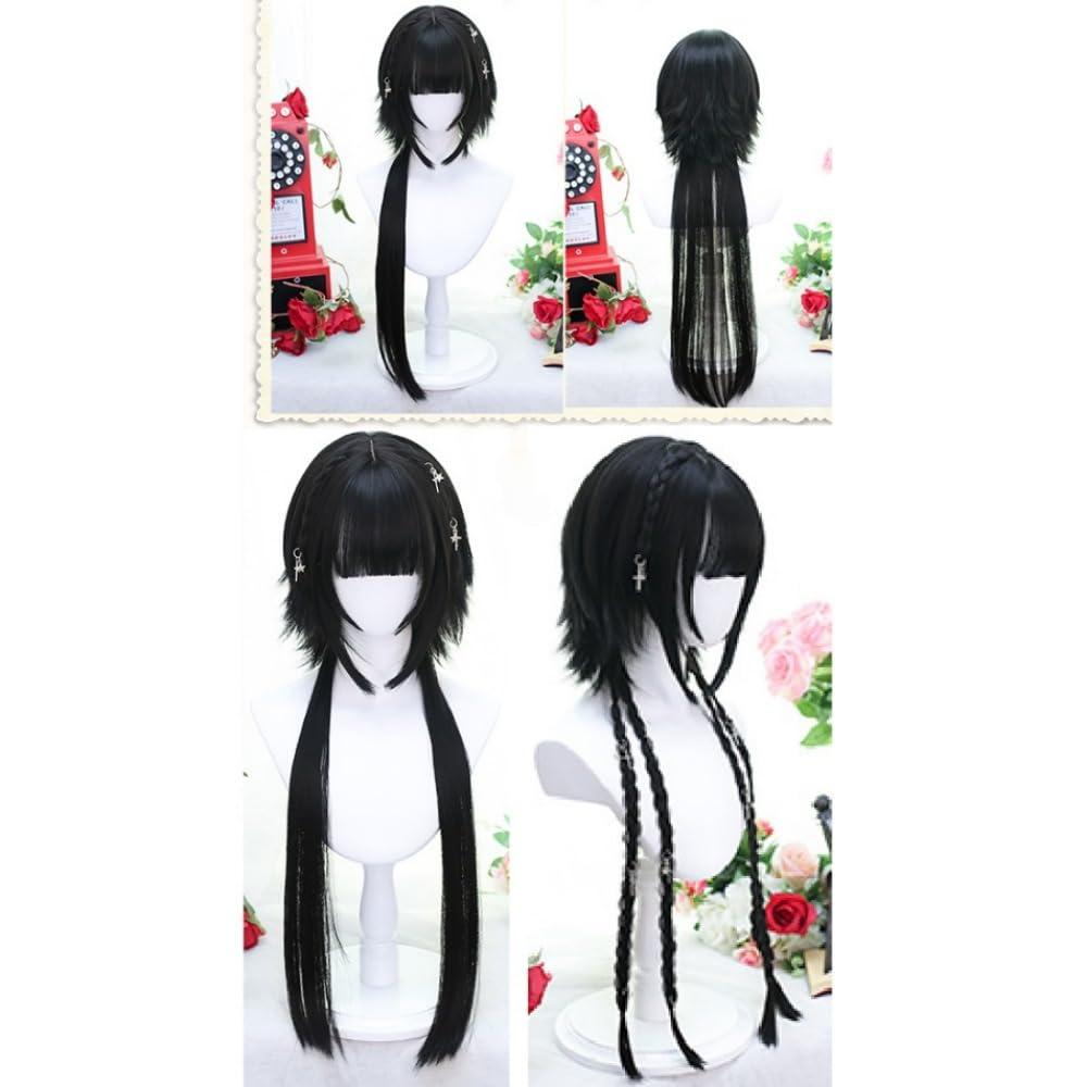 SCORRO SCORRO Hime Cut Long Straight Black and Blue Layered Hair Lolita Bob Wig, Highlight Blue Pre-styled Jellyfish Hair Wig for Women Girls (Braided Styling, Blue Highlights)