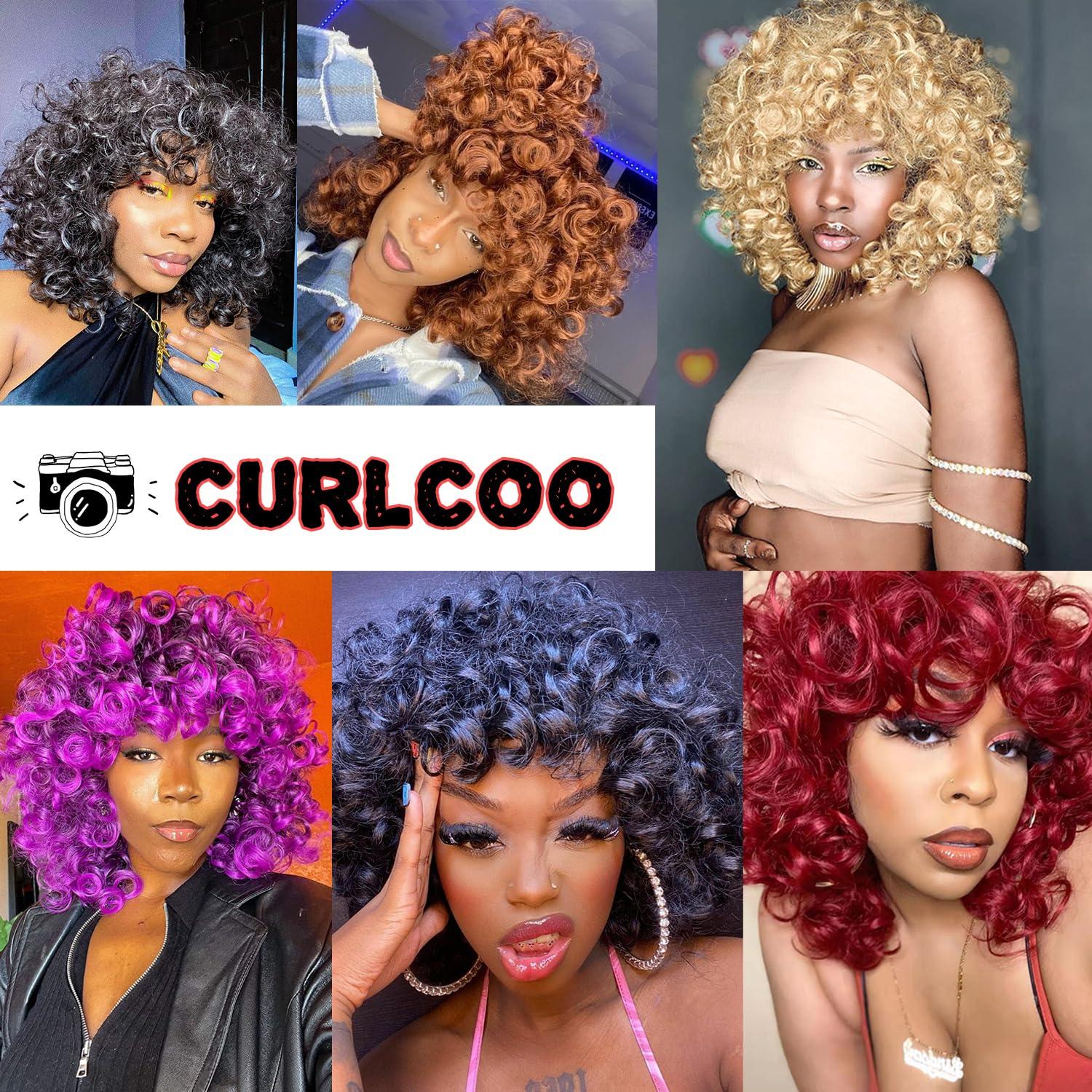 CurlCOO CurlCOO Blonde Curly Wigs for Black Women Short Curly Wig with Bangs Soft Big Loose Cute Afro Kinky Curly Hair 14 Inch Synthetic Wig for Black Women(Blonde)