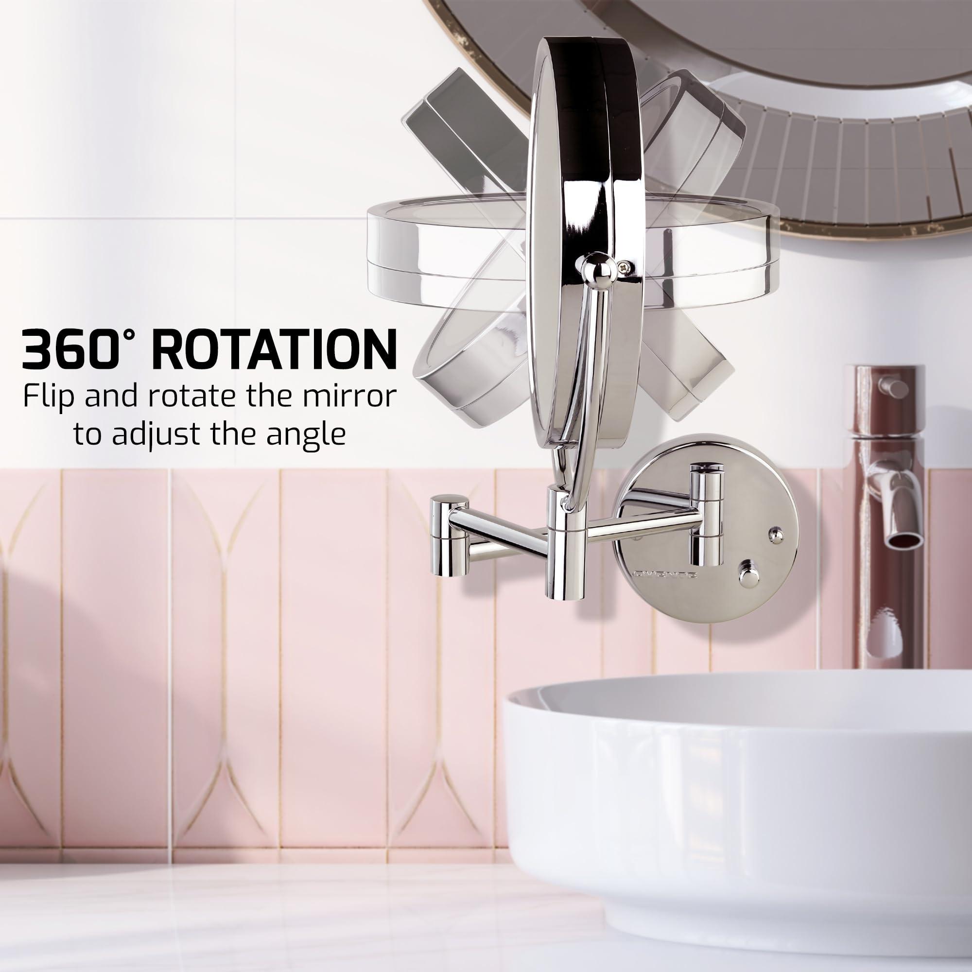 OVENTE OVENTE 9\" Lighted Wall Mount Makeup Mirror with 1X/7X Magnification, Double Sided Magnifying Vanity Mirror, LED Glow Light, 360 Swivel Design, Extendable & Folding Arm, Polished Chrome MPWD3185CH1X7X