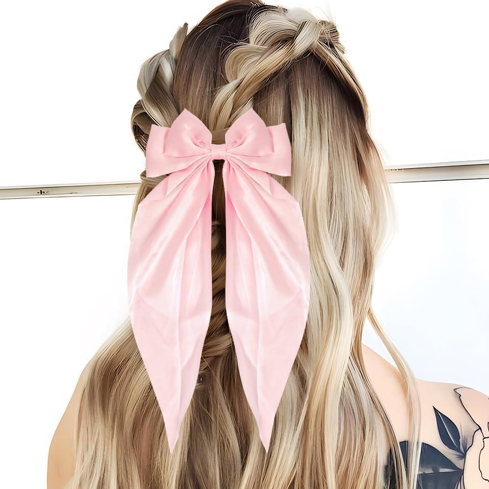 ROTATE COLOR Hair Bows, Hair Bows For Women Girls, Big Silky Satin Hair Bow Clips Oversized Long Tail, Aesthetic Cute Hair Accessories, Metal Bow Hair Clips (black+pink)