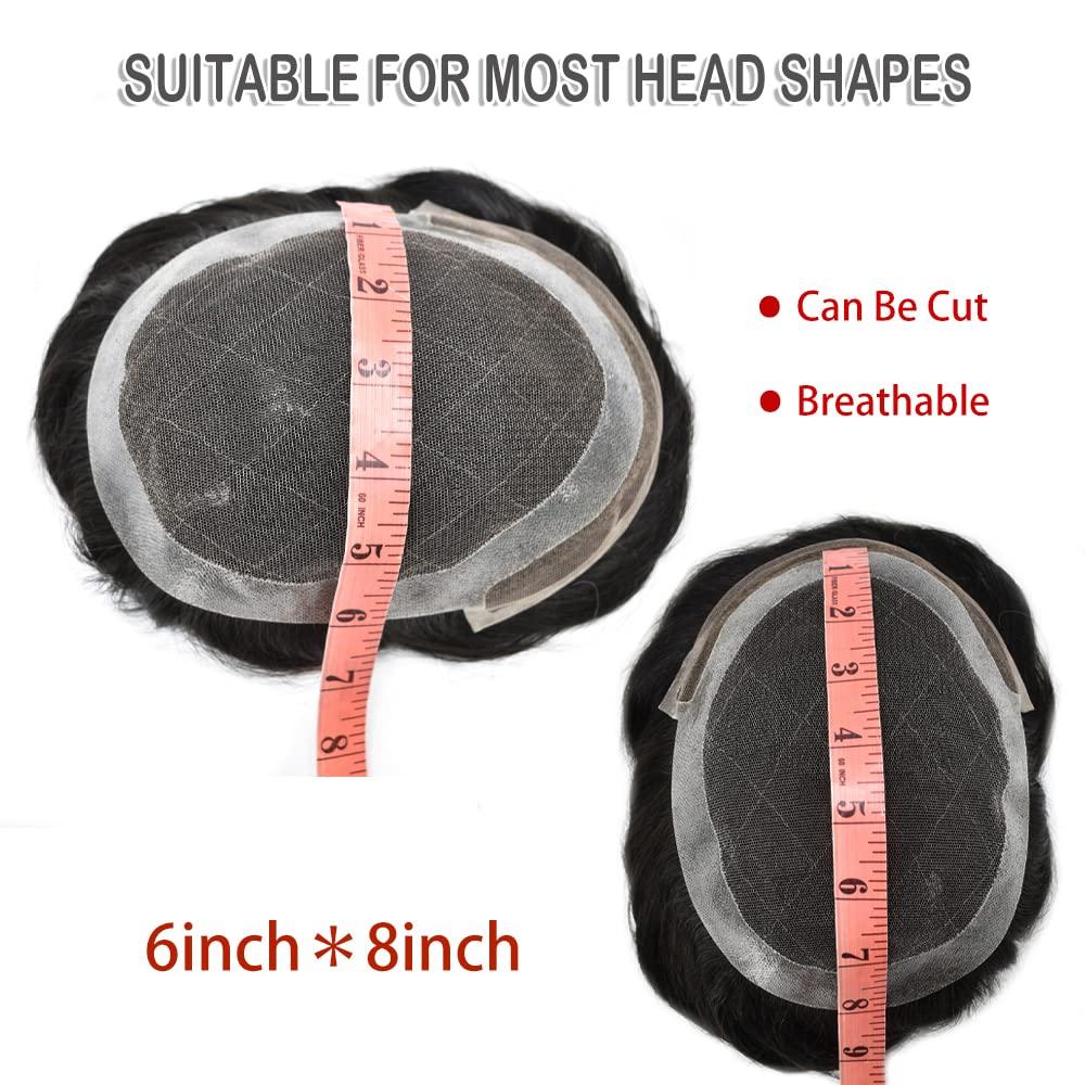 Hair Wonders Men\'s Toupee Men Hair System Mens Toupee Human Hair Pieces Swiss Lace Hair Replacement System for Men Toupee Bleached Knots Natural Hairline6x8-120% Medium light to Medium density1B# OFF BLACK