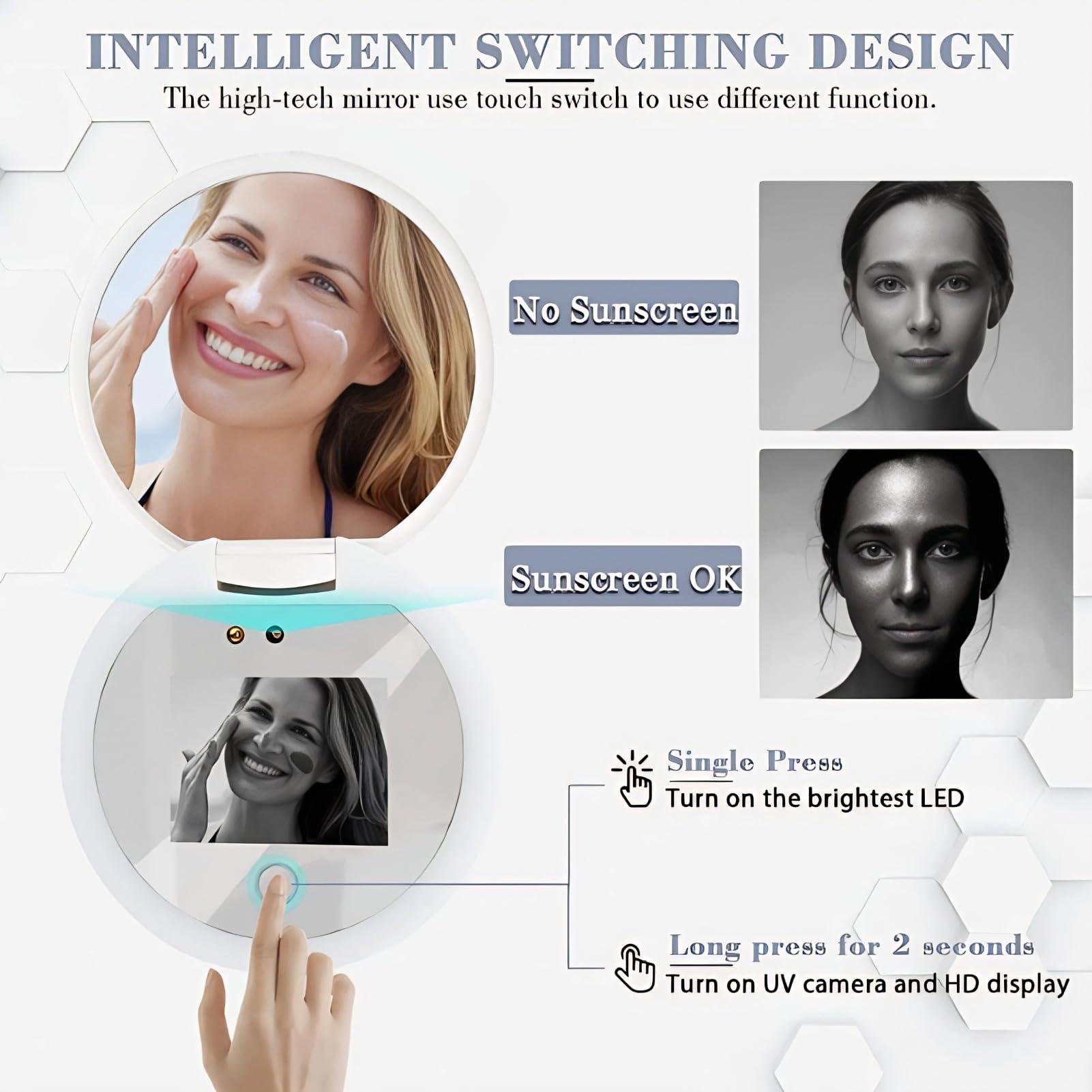 BONKZEBU UV Mirror,Intelligent Touch Control Brightness Adjustment Sunscreen UV Mirror,UV Camera Lens Sunscreen Testing Mirror,for Makeup Removal