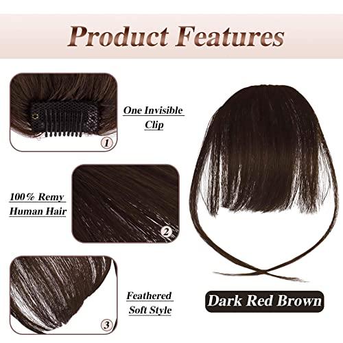 FESHFEN FESHFEN Clip in Bangs 100% Human Hair Bangs Real Hair Extensions Wispy Bangs Dark Red Brown Thin Fringe Hair Pieces Natural Fringe with Temples Hairpieces for Women Girls
