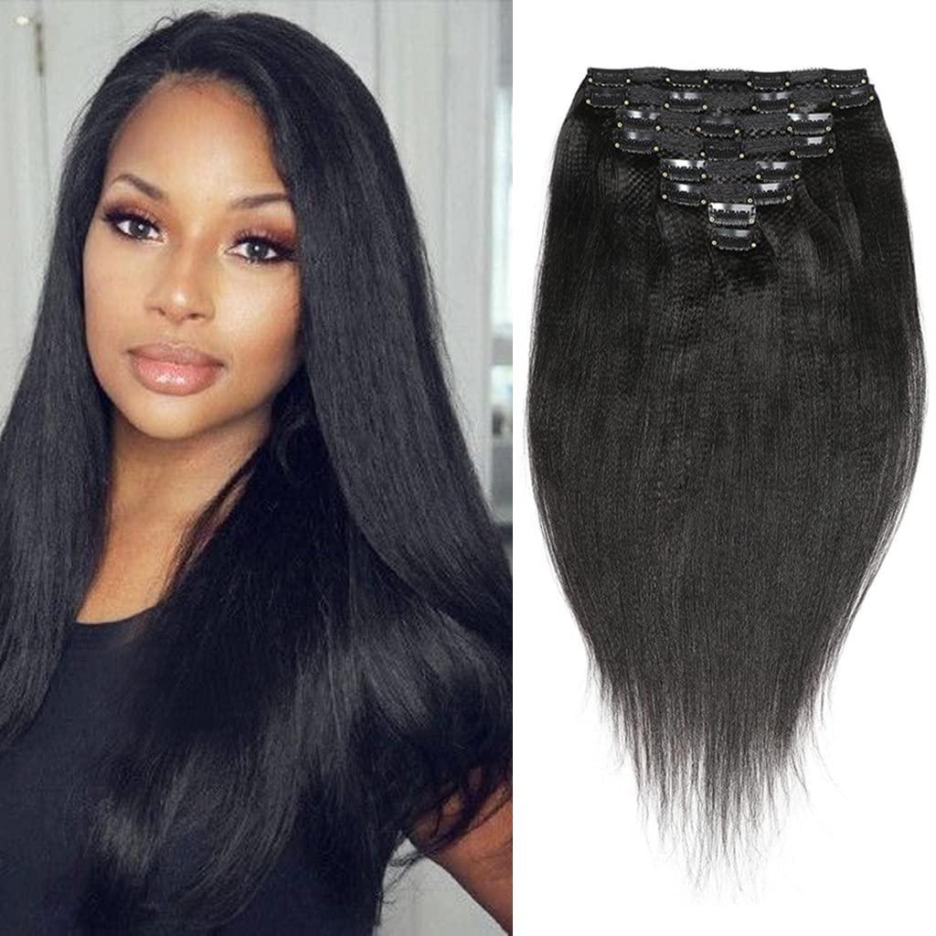 GREEMEO Yaky Clip In Hair Extensions Human Hair 120G 8PCS Perm Yaki Hair Extensions Clip In Human Hair for Black Women Light Yaky Straight Hair Clip Ins Soft Brazilian Remy Hair Thick Ends 18 Inch