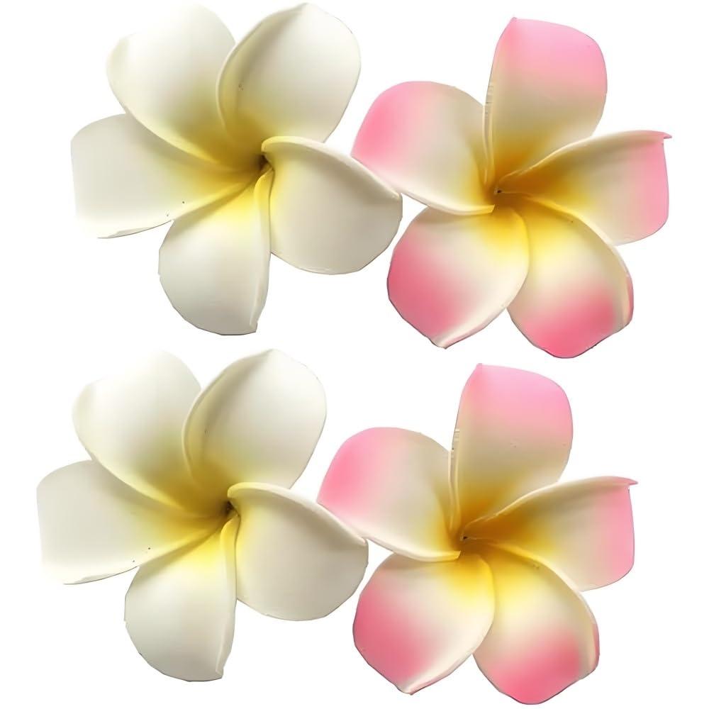 Zenarao Hair Flower Clips, 4Pcs 7cm White and Pink Hawaiian Frangipani, Plumeria Foam Head Flower Party Beach Hair Clip flower, Hawaiian Hair Clips