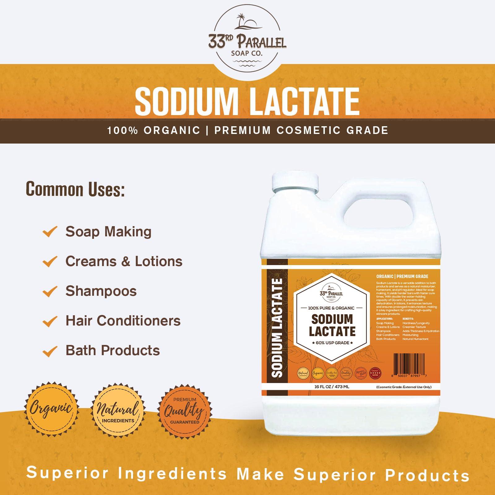 33RD PARALLEL SOAP CO. Sodium Lactate (32 oz) for Soap Making & Lotions, Premium Sodium Lactate Liquid, 60% Concentration, Cosmetic Grade, Moisturize Anti-Aging, Makes Soap Harder | 32 FL OZ
