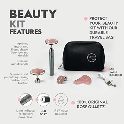 Mik Beauty Mik Beauty USB Rose Quartz Face Roller Massager - Vibrating Facial Roller and Gua Sha Set with Travel Bag - Jade Roller Kit for Eye, Neck, and Face