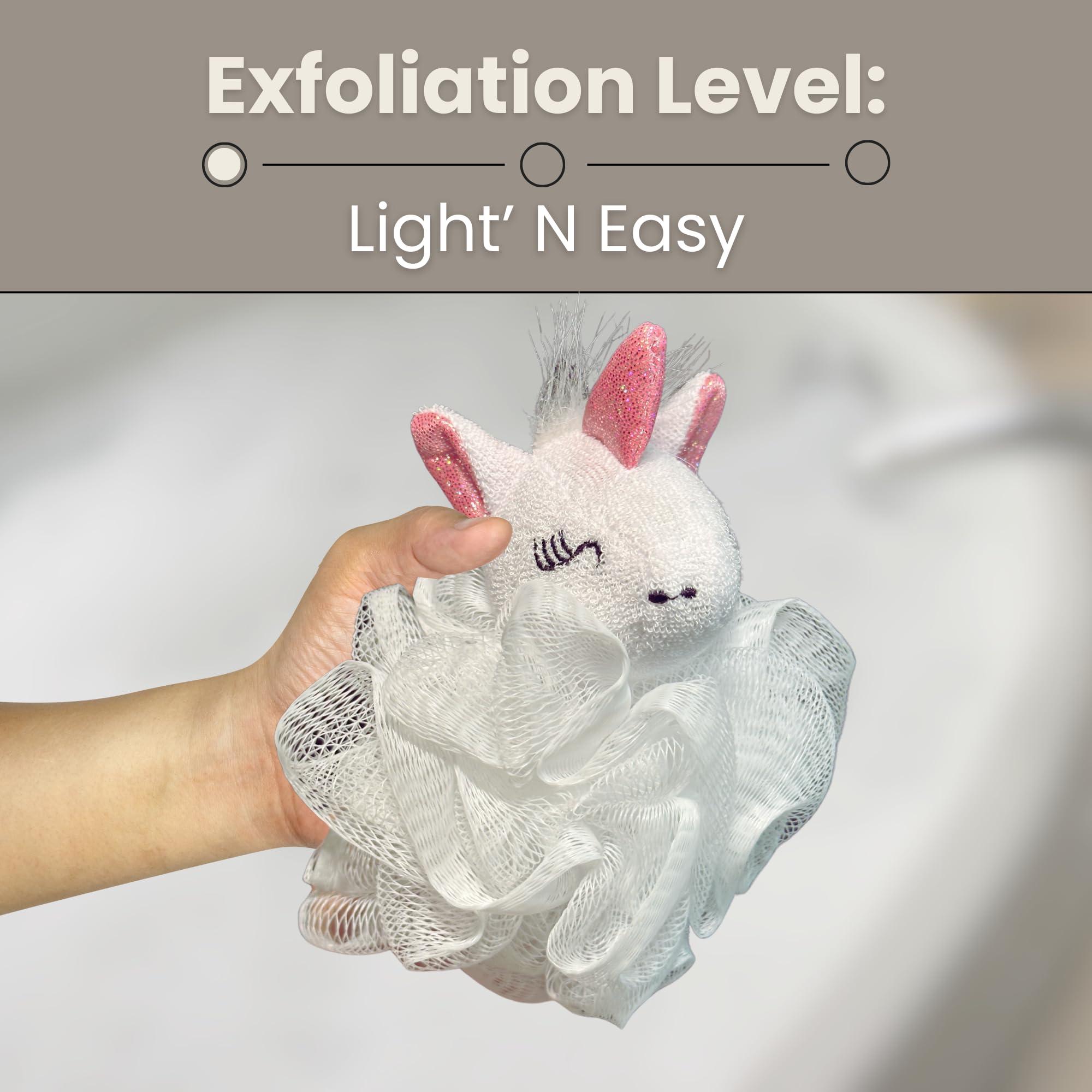 Pure Body Kids Bath Sponge Kit, White Unicorn Shaped Mesh Sponge, Facial Towel and Double Strap Bag