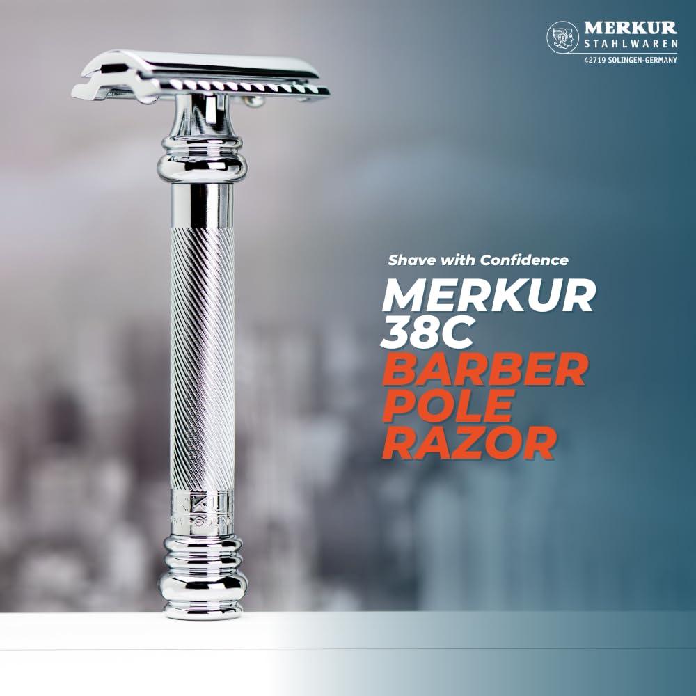 MERKUR MERKUR 5004 Travel Shaving Set featuring MERKUR 38C Two-piece Safety Razor with Long Handle & Bright Chrome Finish, 10 Double Edge Blades & Black Leather Case | Made In Germany