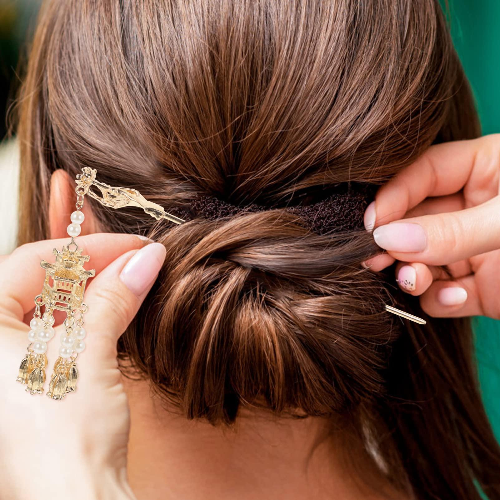 KALLORY Tassel Hairpin, Pearl Hair Stick Retro Hair Bun Pin Pendant Pearls Tassel Hair Chopstick