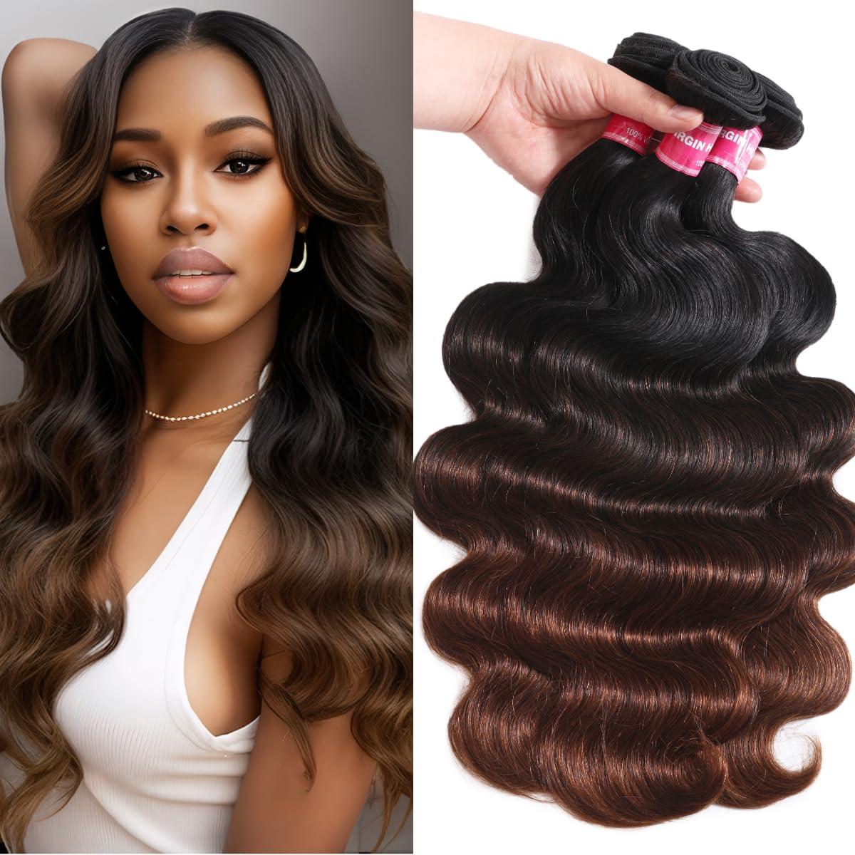 UNICE Chestnut Brown Ombre Body Wave Human Hair Weave 3 Bundles 18 20 22 inch Brazilian Remy Human Hair Wavy Sew in Human Hair Extensions