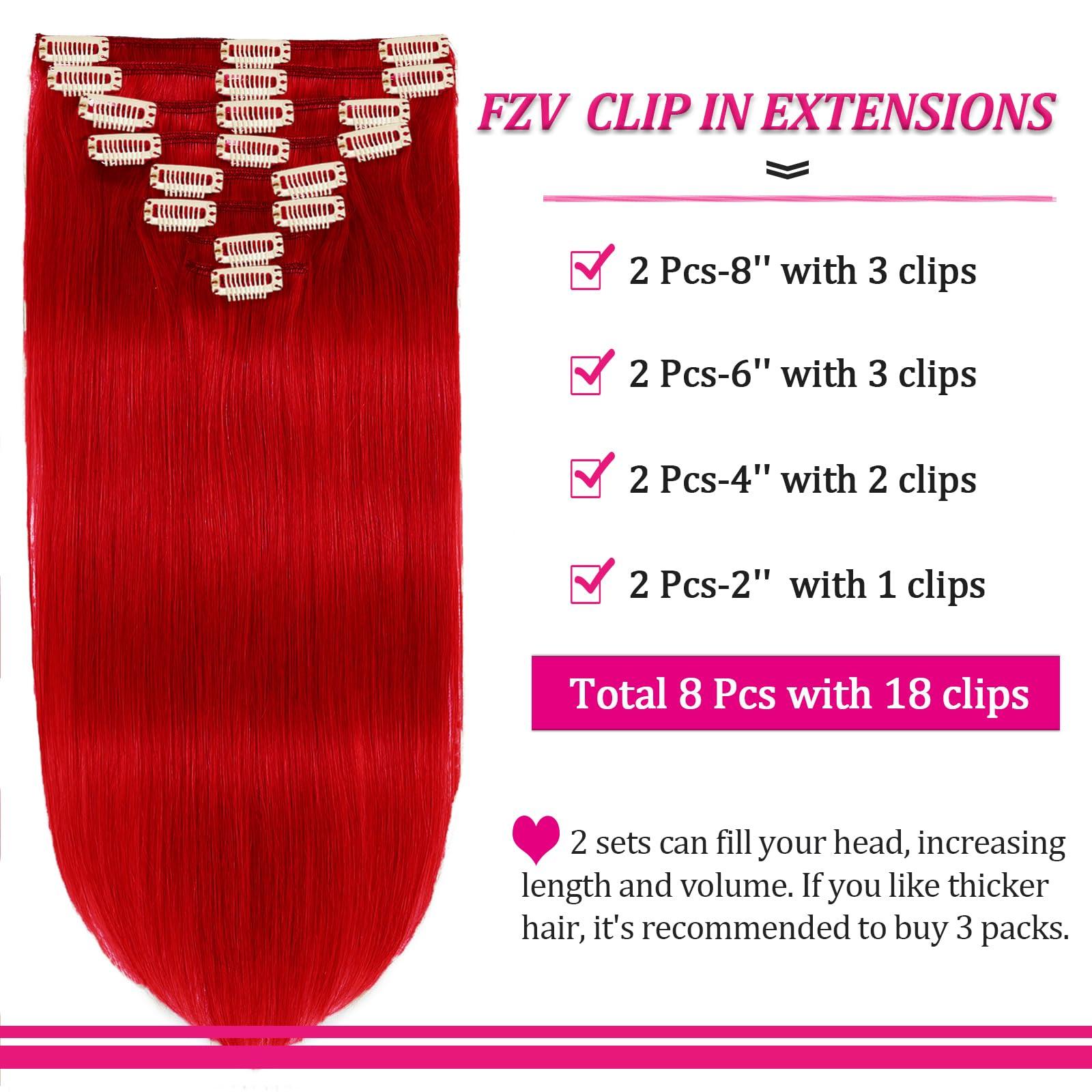 FZV Clip in Hair Extensions Red Hair Extensions Real Human Hair Clip ins 120g 8pcs Silky Straight Natural Hair Extensions Remy Human Hair for party, No shedding No Tangling (20inch)