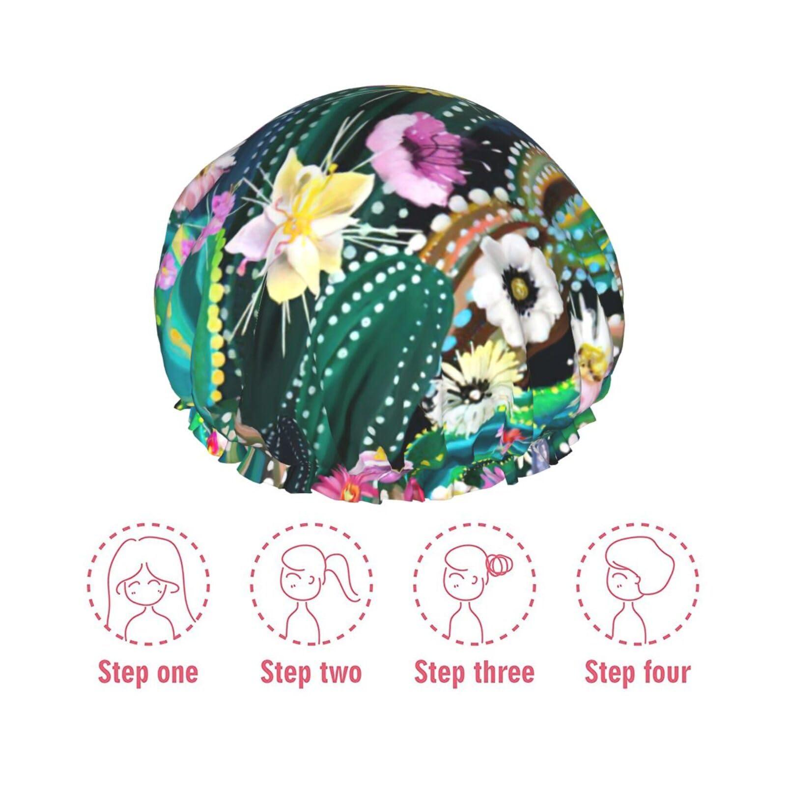 WURTON WURTON Blooming Cactus Print Soft Shower Cap for Women, Reusable Environmental Protection Hair Bath Caps