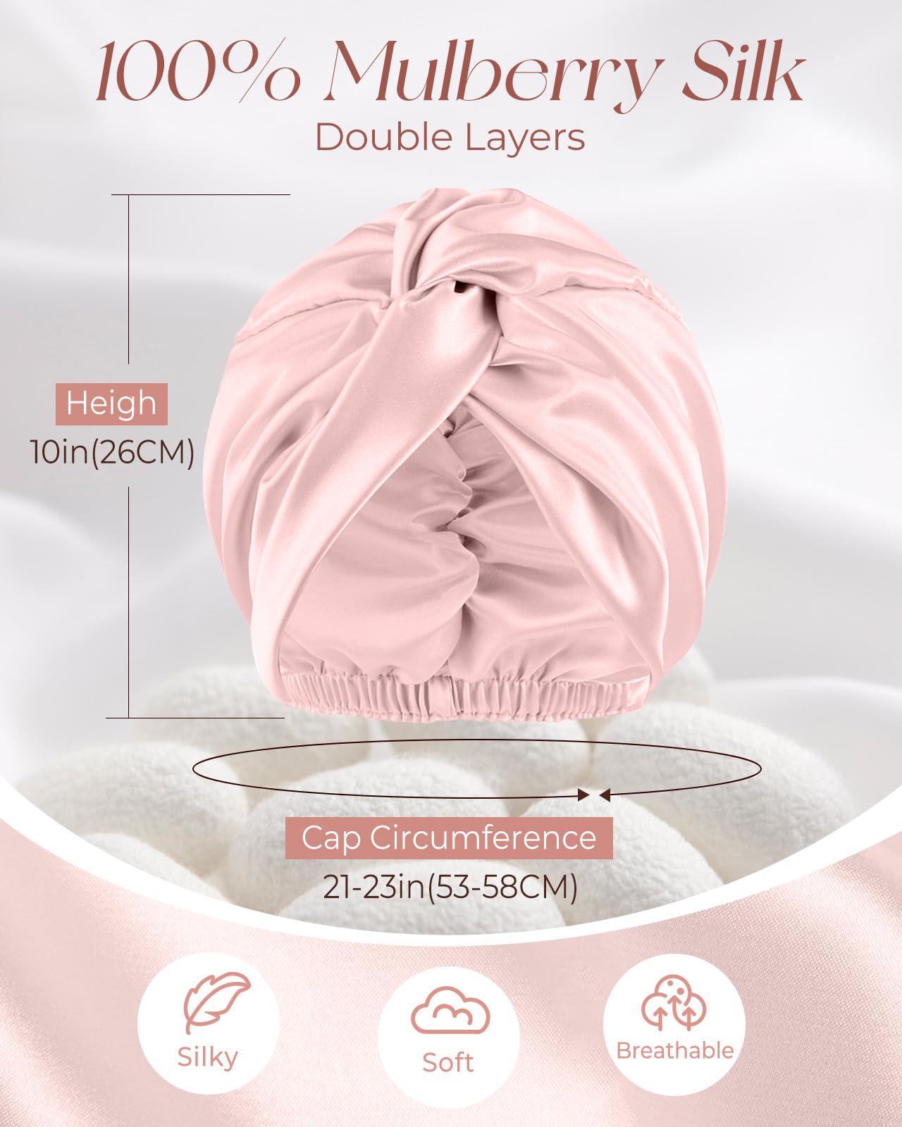 Miss Adola Miss Adola Silk Bonnet for Women - Mulberry Silk Sleep Cap for Hair Care with Eye Mask & Scrunchie 19 Momme Night Cap Sleeping Set with Elastic Stay On Head, Light Pk