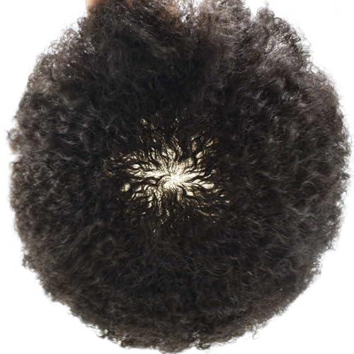 Hair Wonders Afro Toupee for Black Men Soft Full Poly African American Men Toupee Kinky Curly Brazilian Human Hair Pieces Man Weave Hair Unit Black Men 8x10 inch Hair Units for Black Men 1# JET BLACK 12mm wave