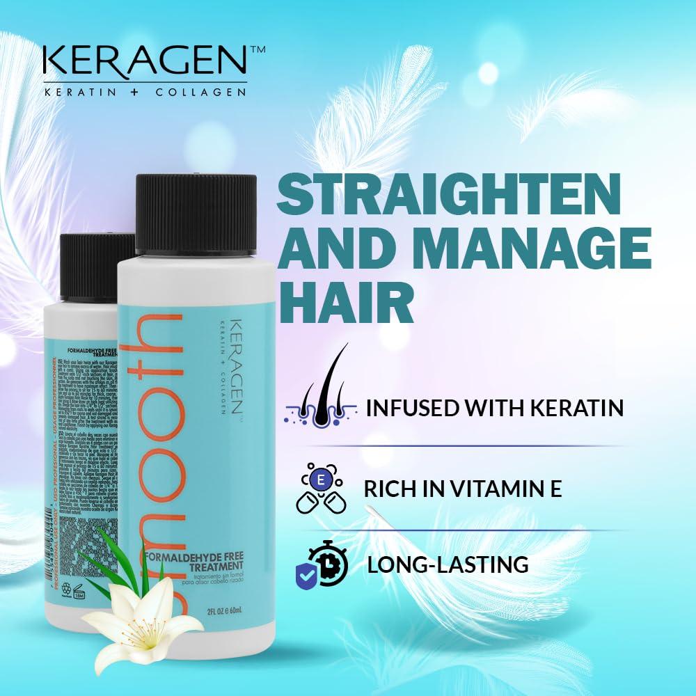 KERAGEN Keragen - Brazilian Keratin Smoothing Treatment, Blowout Straightening System for Dry and Damaged Hair, Formaldehyde Free, 2 Oz - Eliminate Curls and Frizz, Fine to Medium Hair