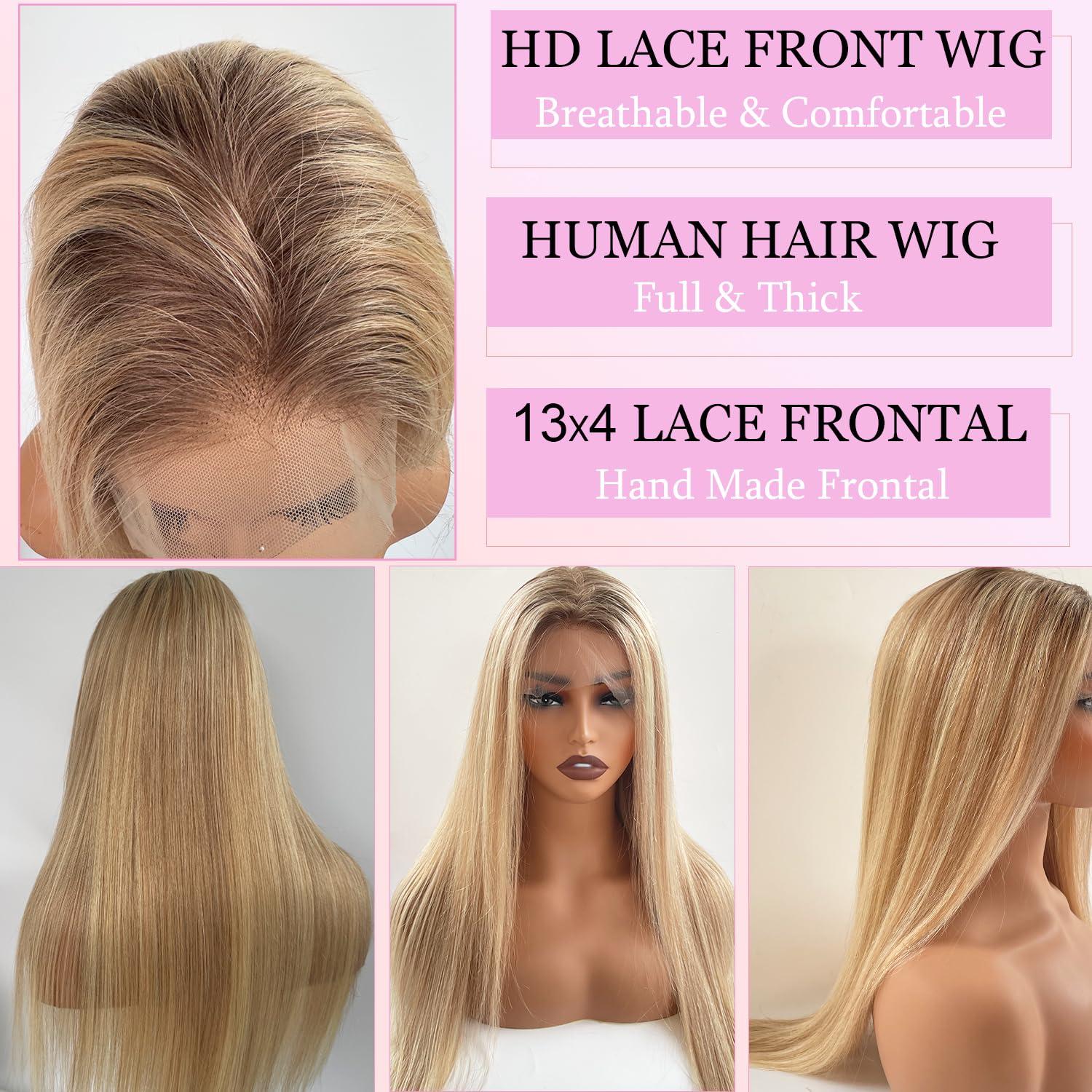 Valiilo Valiilo Blonde Balayage Wig Human Hair 13x4 Lace Front Wig Brown Roots Free Part 24 Inch Golden Brown Mixed 613 Blonde Highlights Human Hair Wig