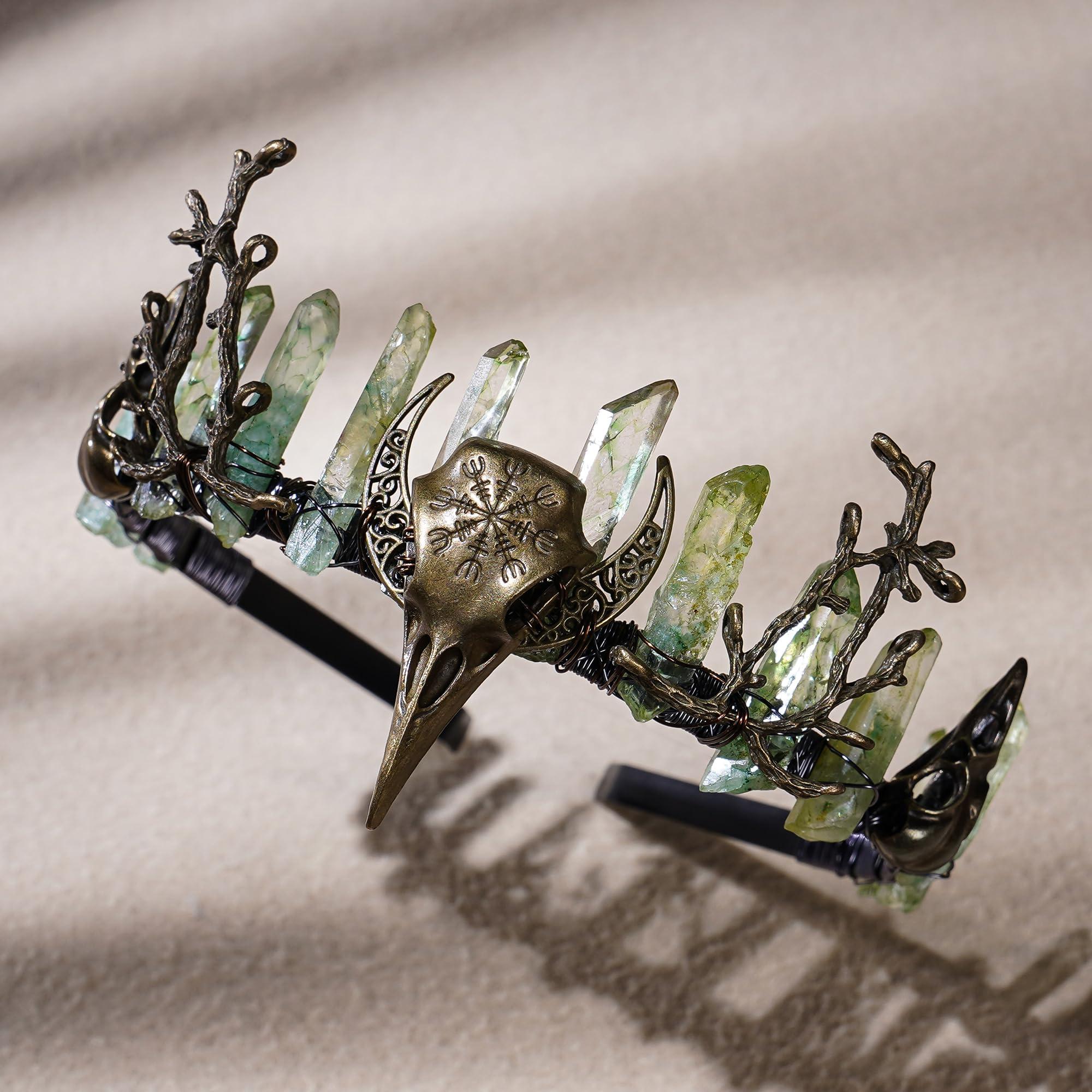 CoTeeZa CoTeeZa Green Fairy Crystal Crown - Handmade Raw Quartz Tiara with Bronze Crow Branch Moon Elf Headpiece Fantasy Forest Witch Crown Wedding Renaissance Halloween Cosplay Woodland Headband