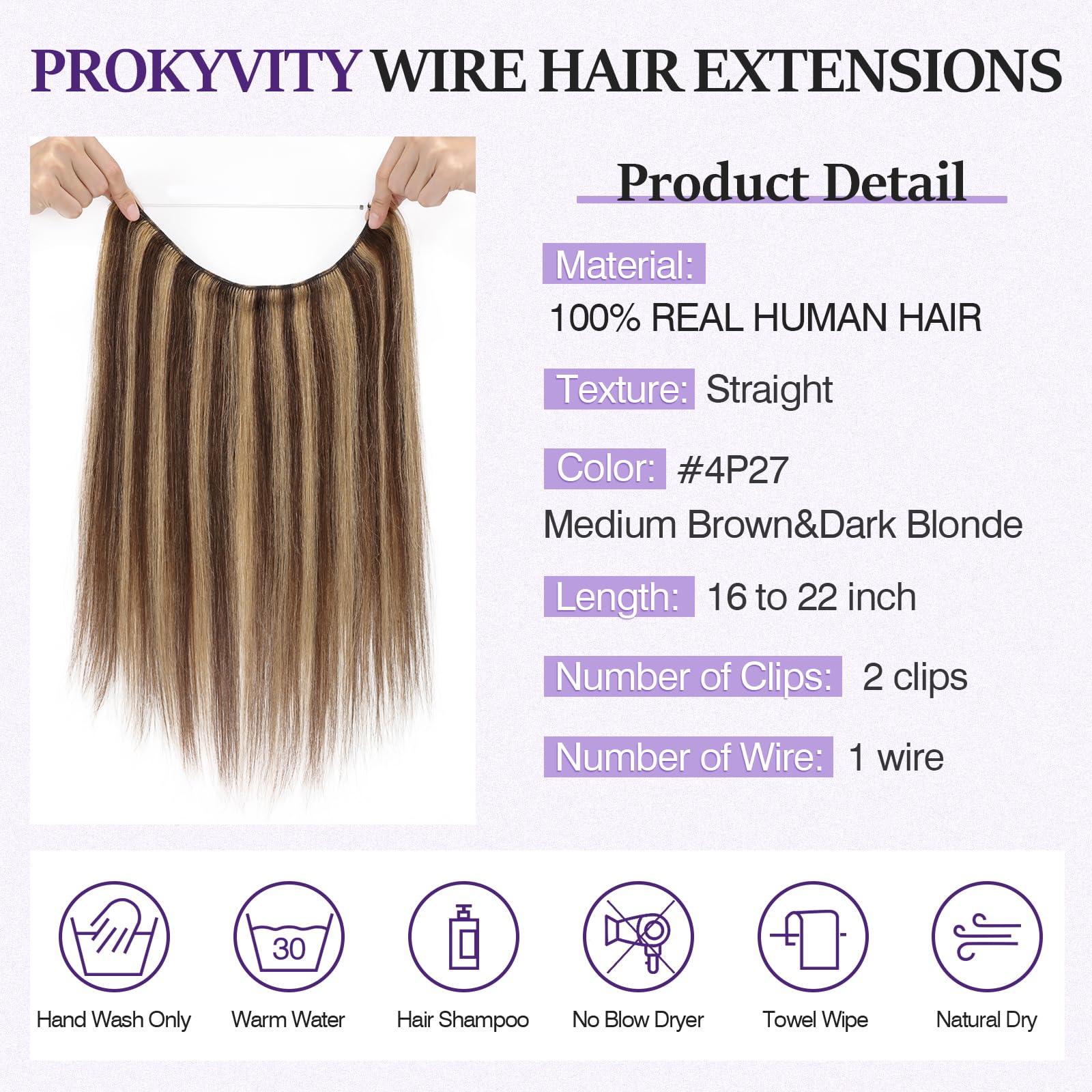 prokyvity Halo Hair Extensions Real Human Hair,Prokyvity 100% Human Hair Halo Extension,Halo Extensions Real Human Hair,Halo Hair Extension,Halo Hair 4P27 Medium Brown Mixed Dark Blonde 16inch
