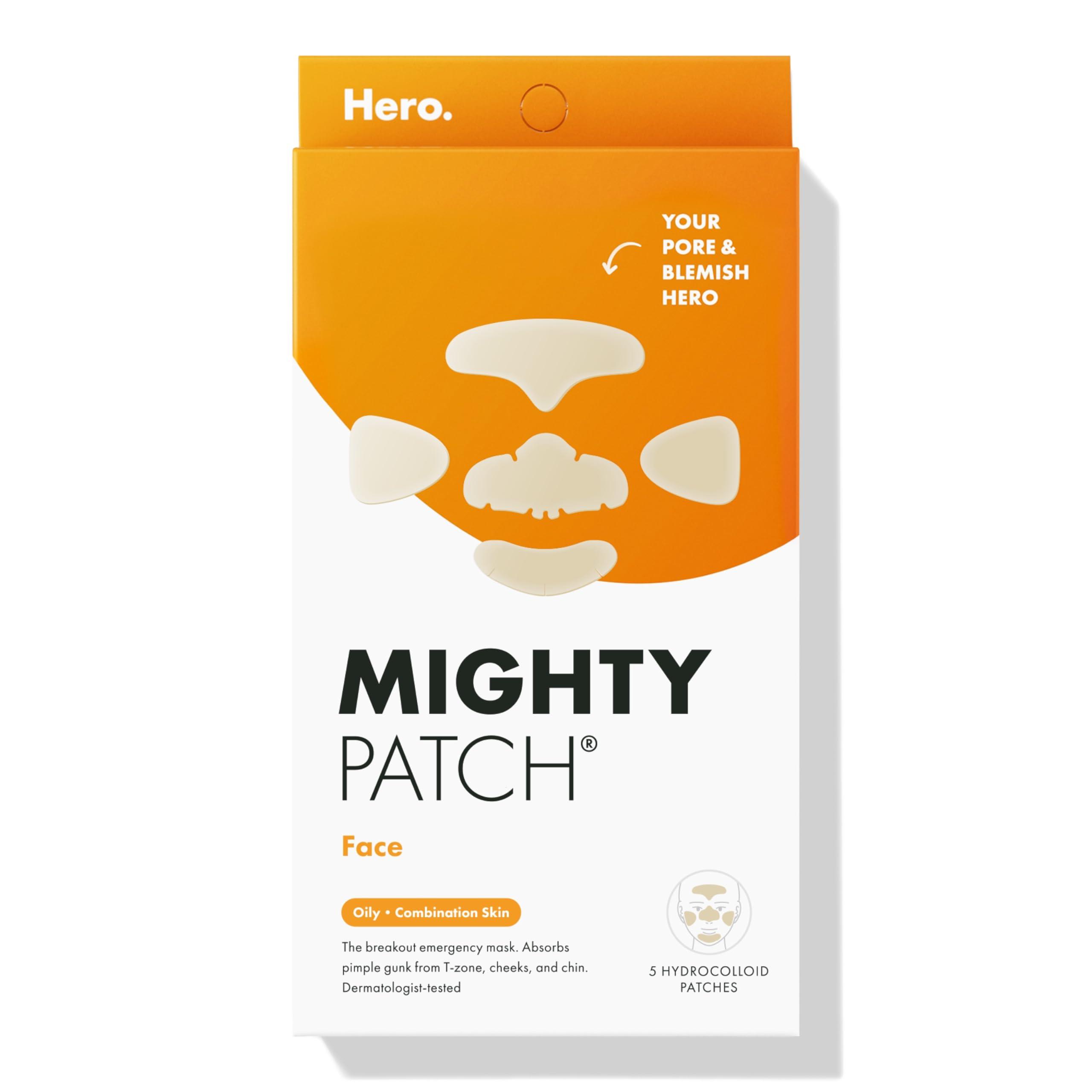 Mighty Patch Mighty Patch Face from Hero Cosmetics - XL Hydrocolloid Mask for Acne, 5 Large Pimple Patches for Zit Breakouts on Nose, Chin, Forehead & Cheeks - Vegan-Friendly, Not Tested on Animals (1 Count)